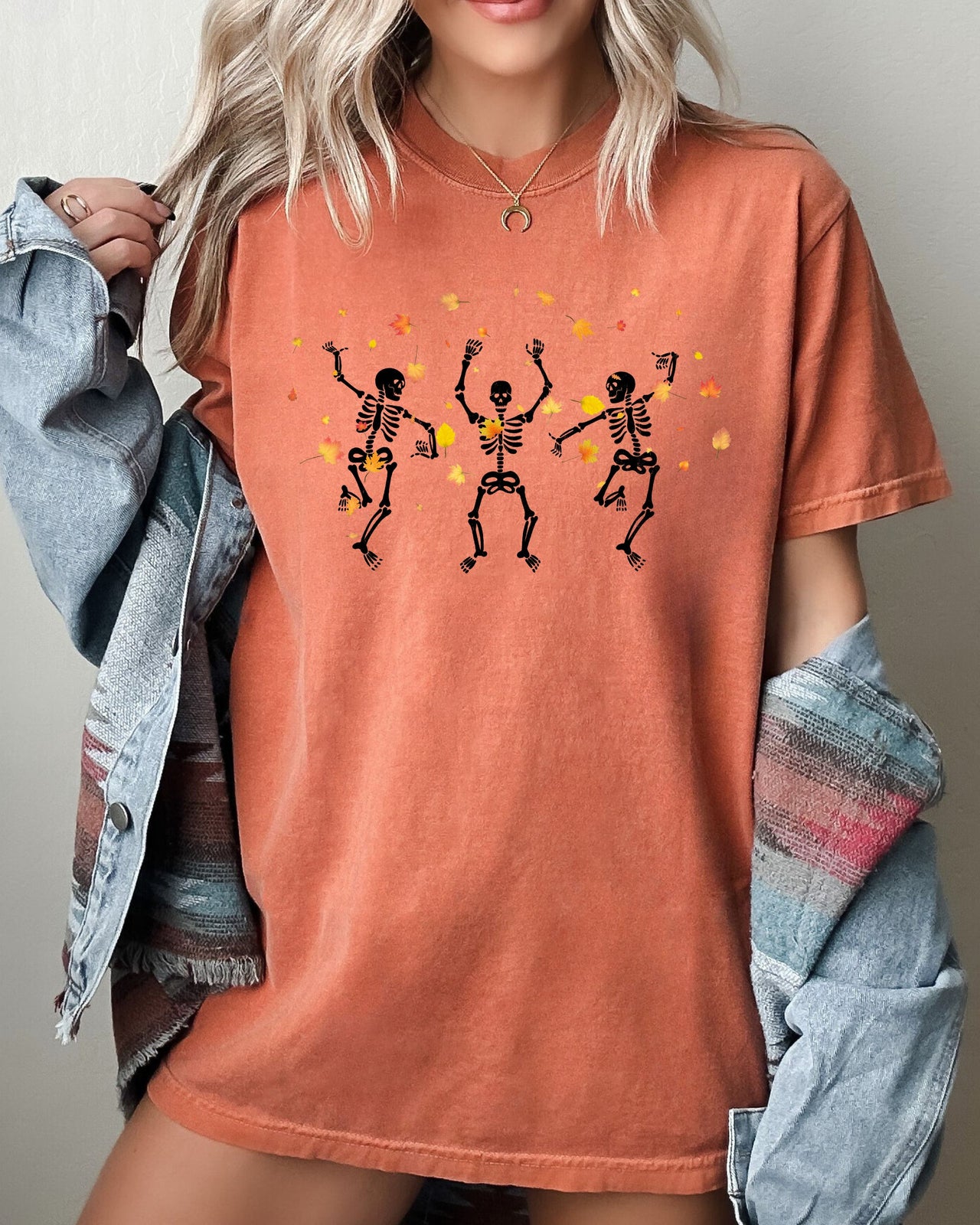 Fall Leaves Dancing Skeletons Ghost Witch Skull Halloween Meme Comfort Colors Tee