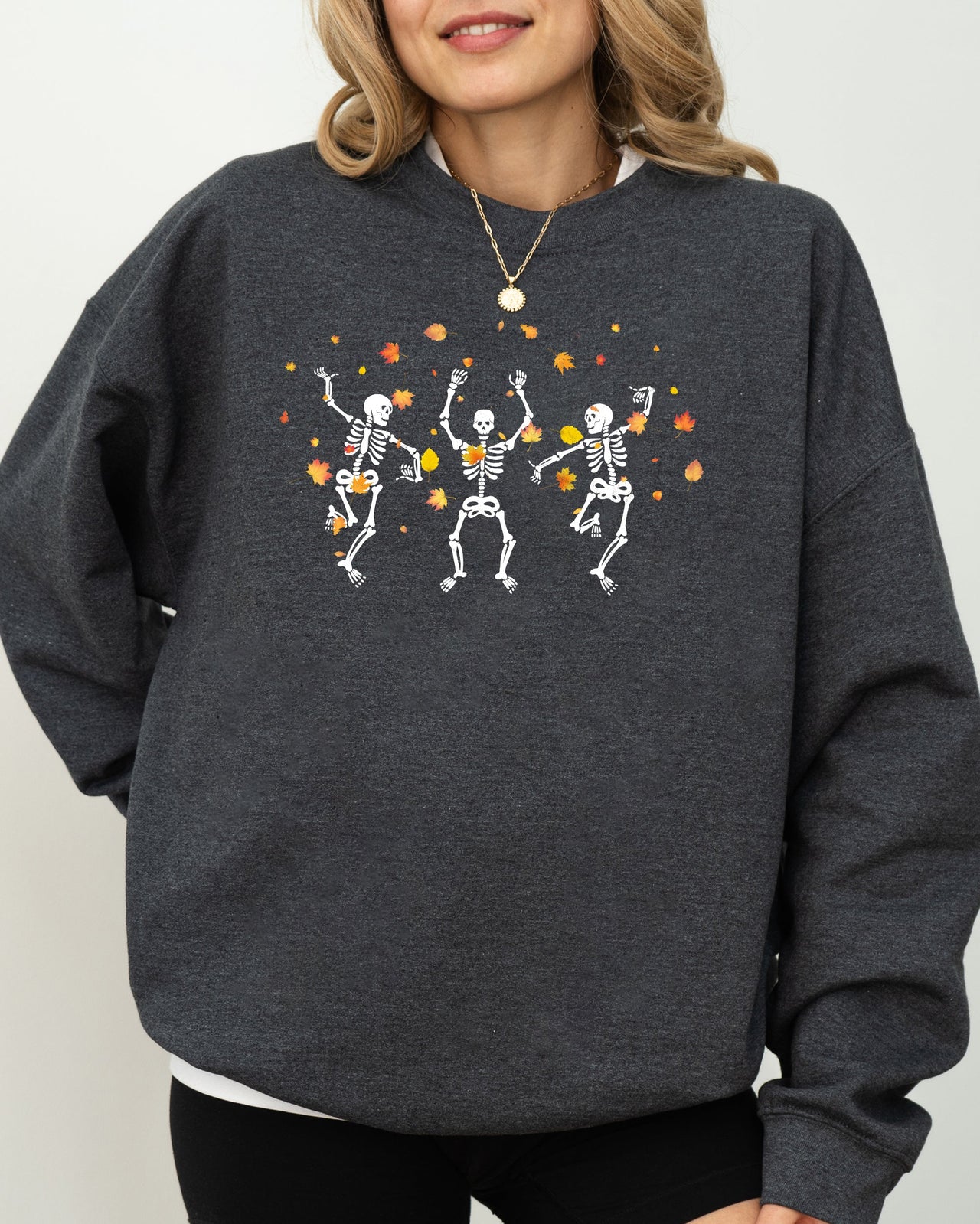 Fall Leaves Dancing Skeletons Ghost Witch Skull Halloween Meme Costume Sweatshirt
