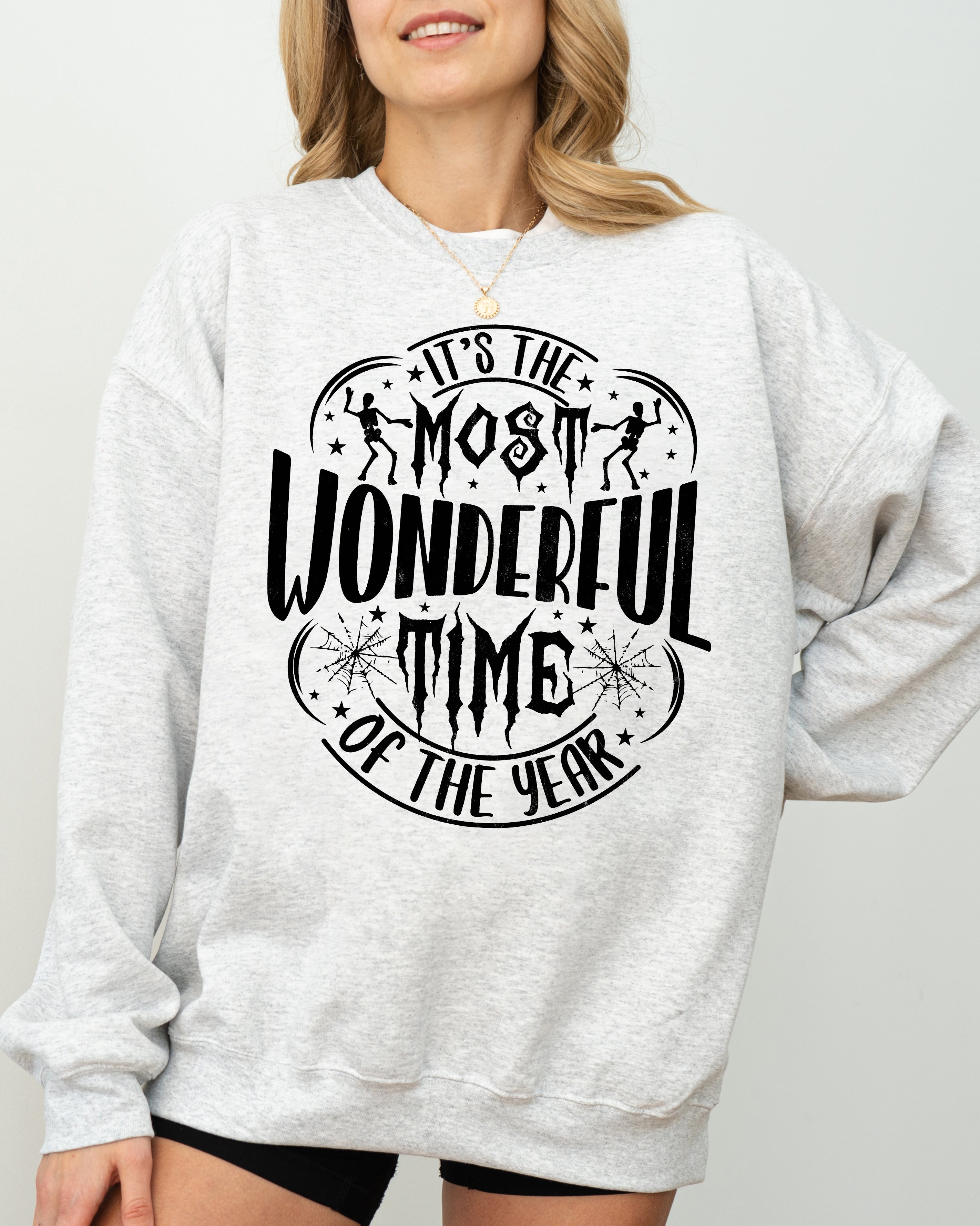 It's The Most Wonderful Time Of The Year Skeleton Spider Web Witch Skull Sweatshirt