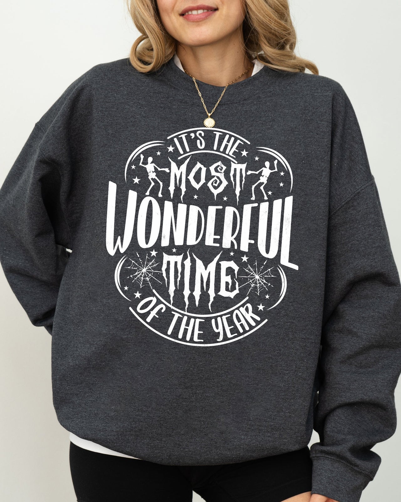 It's The Most Wonderful Time Of The Year Skeleton Spider Web Witch Skull Sweatshirt
