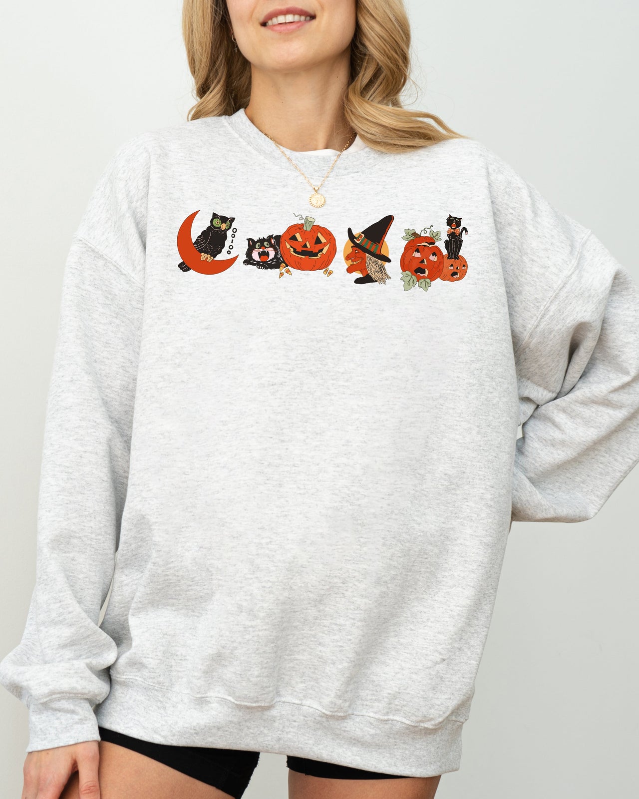 Vintage Halloween Pumpkin Skeleton Witch Skull Spooky Meme Graphic Art Sweatshirt