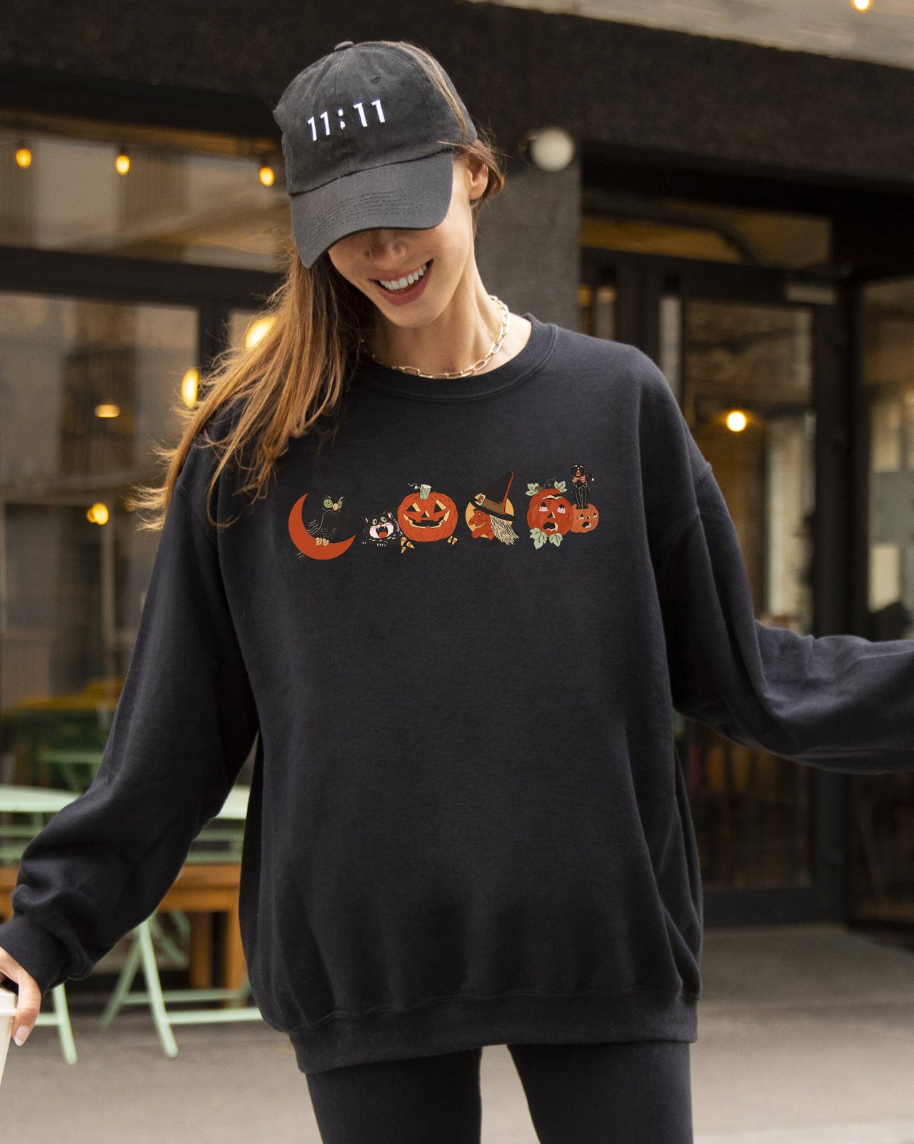 Vintage Halloween Pumpkin Skeleton Witch Skull Spooky Meme Graphic Art Sweatshirt