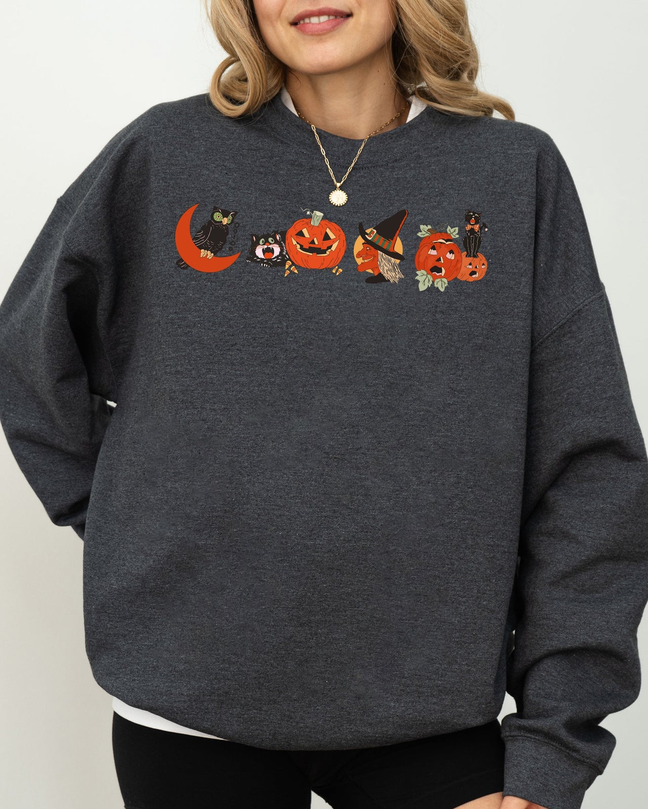 Vintage Halloween Pumpkin Skeleton Witch Skull Spooky Meme Graphic Art Sweatshirt