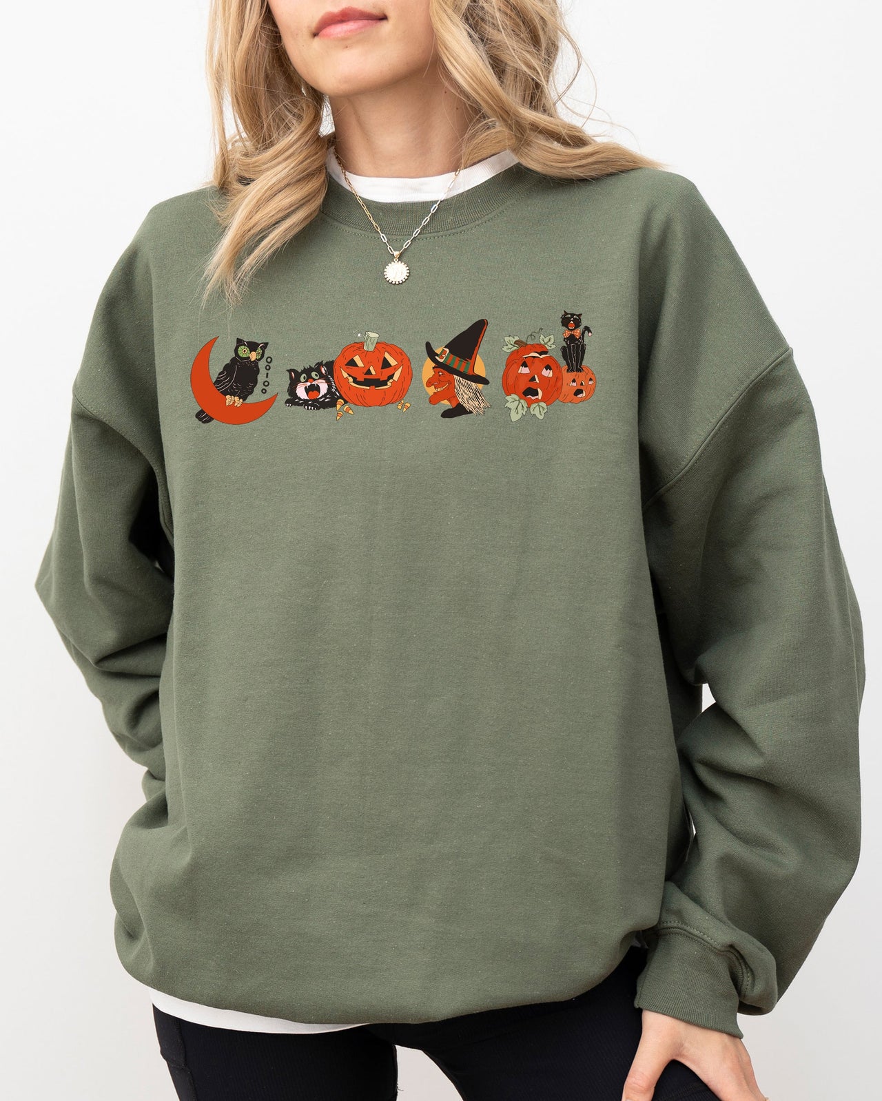 Vintage Halloween Pumpkin Skeleton Witch Skull Spooky Meme Graphic Art Sweatshirt