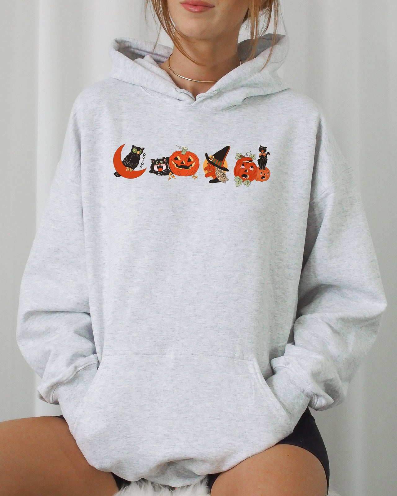 Vintage Halloween Spooky Pumpkin Skeleton Witch Skull Meme Aesthetic Nightmare Hoodie