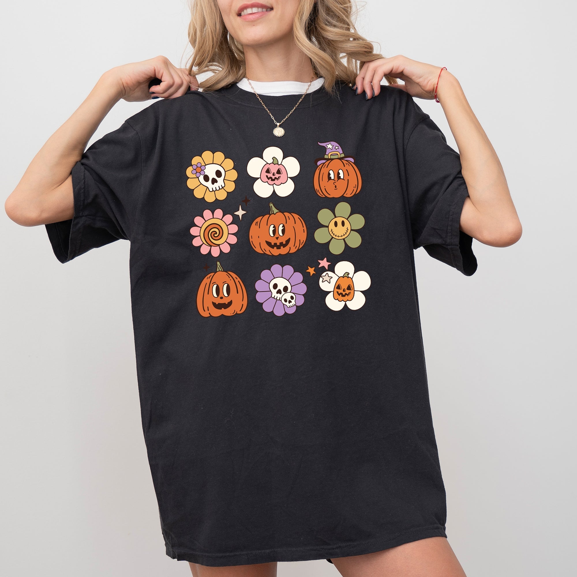 Retro Pumpkins Fall Skeleton Witch Skull Spooky Halloween Costume Comfort Colors Tee