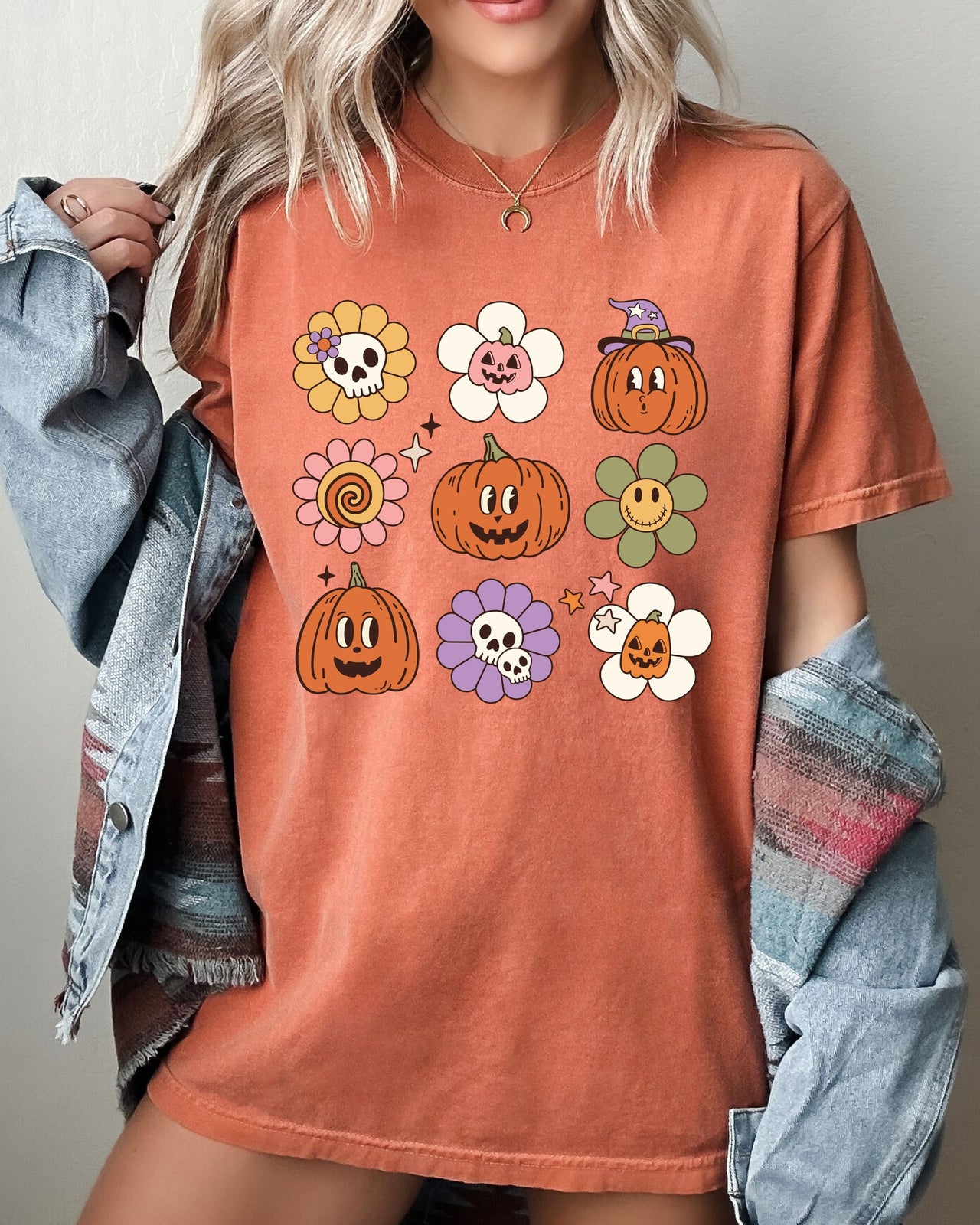 Retro Pumpkins Fall Skeleton Witch Skull Spooky Halloween Costume Comfort Colors Tee