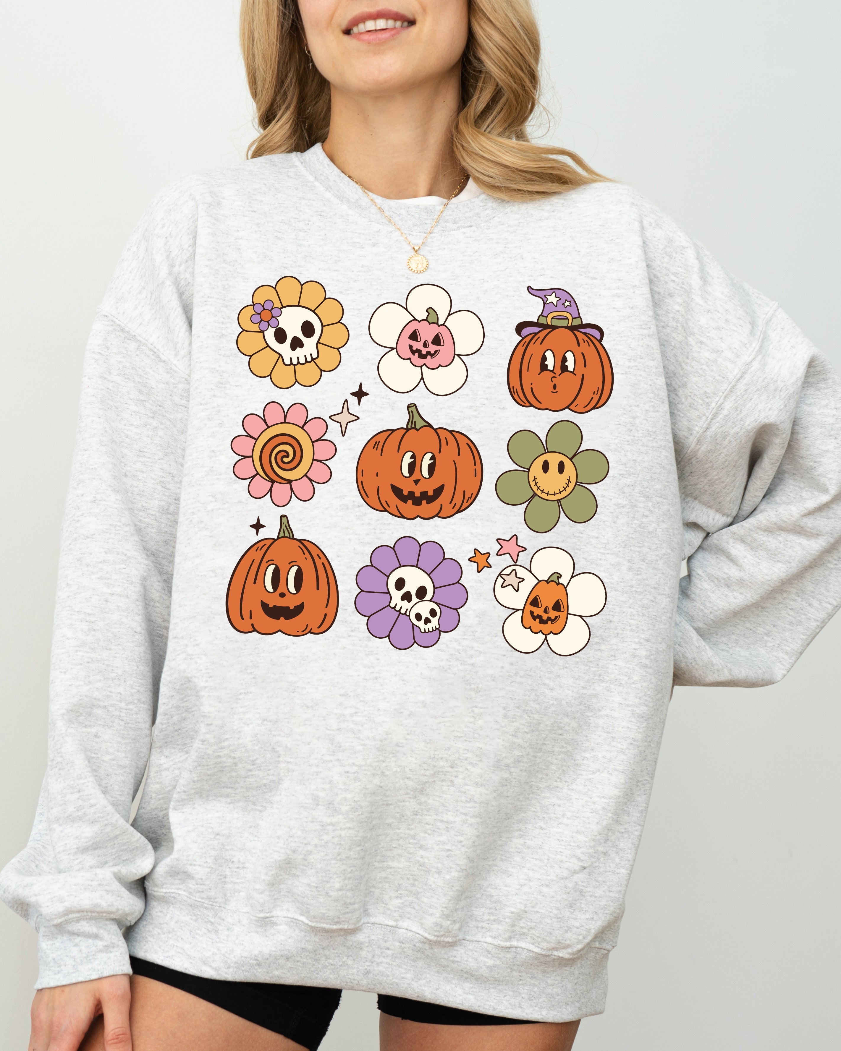 Retro Pumpkins Fall Skeleton Witch Skull Spooky Meme Halloween Costume Sweatshirt