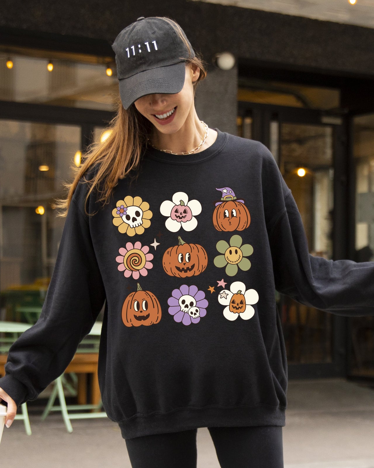 Retro Pumpkins Fall Skeleton Witch Skull Spooky Meme Halloween Costume Sweatshirt
