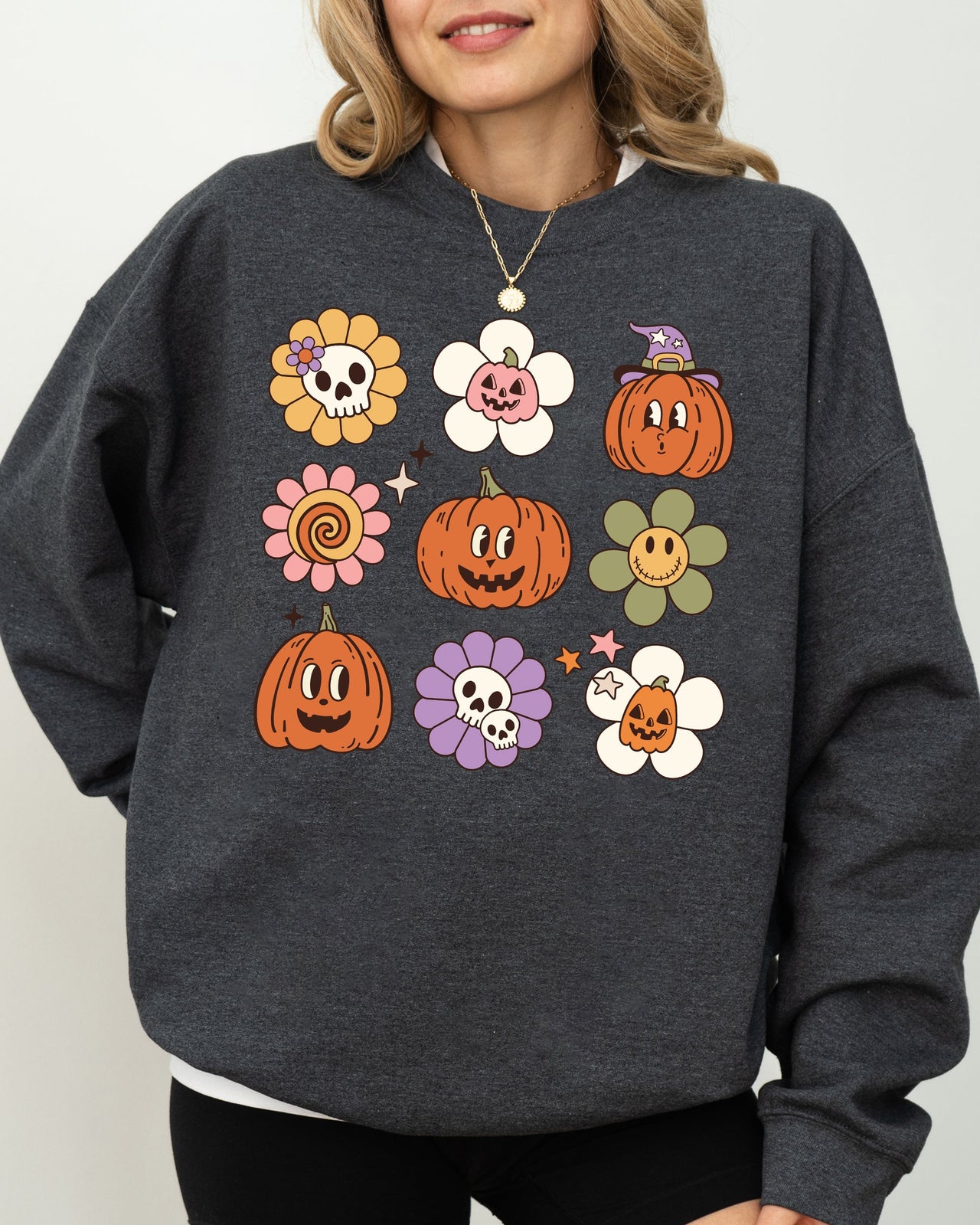 Retro Pumpkins Fall Skeleton Witch Skull Spooky Meme Halloween Costume Sweatshirt