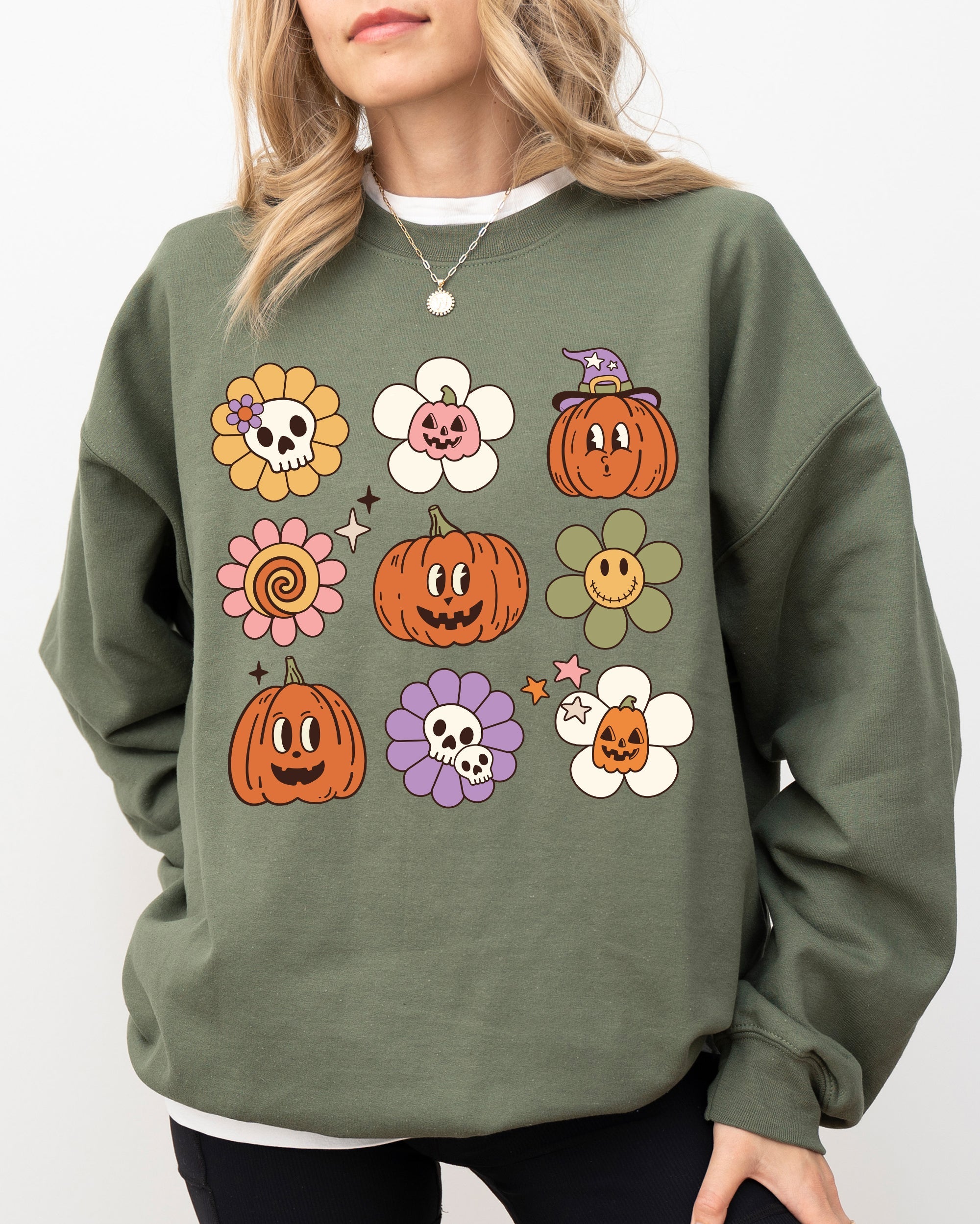 Retro Pumpkins Fall Skeleton Witch Skull Spooky Meme Halloween Costume Sweatshirt