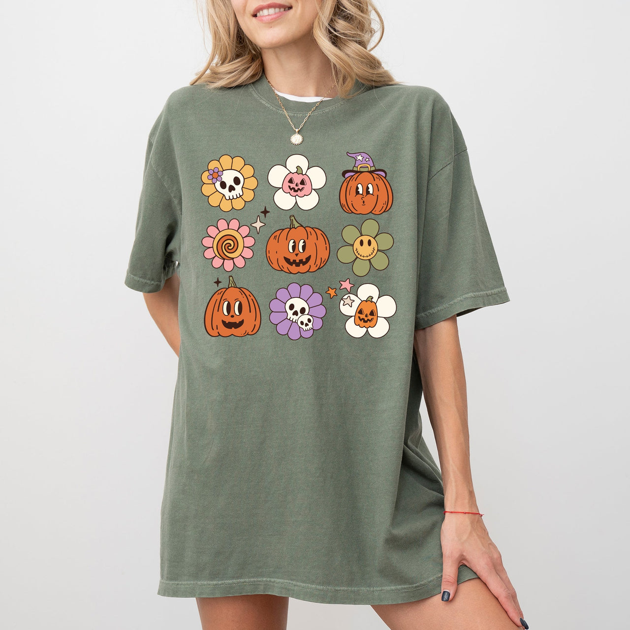 Retro Pumpkins Fall Skeleton Witch Skull Spooky Halloween Costume Comfort Colors Tee