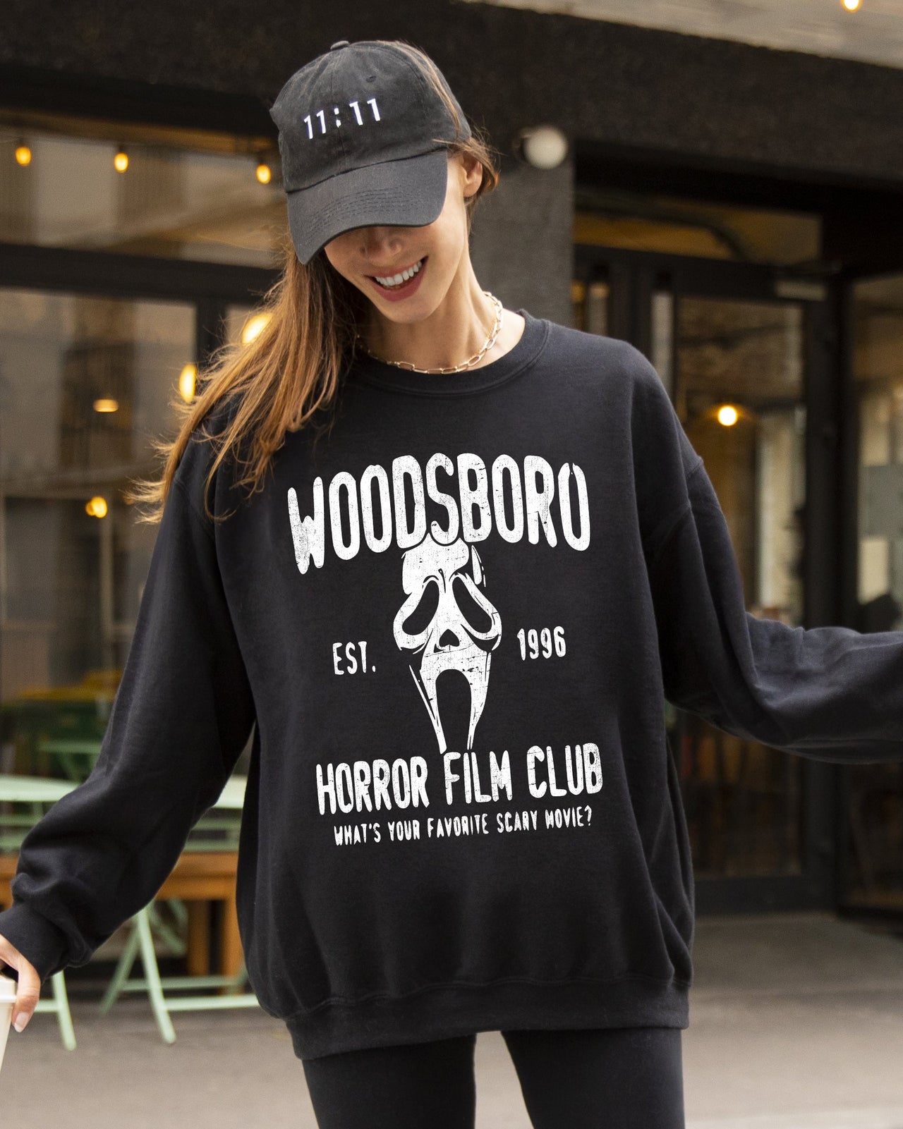 Woodsboro Horror Film Skeleton Skull Halloween Costume Inspired Slasher Scene Sweatshirt