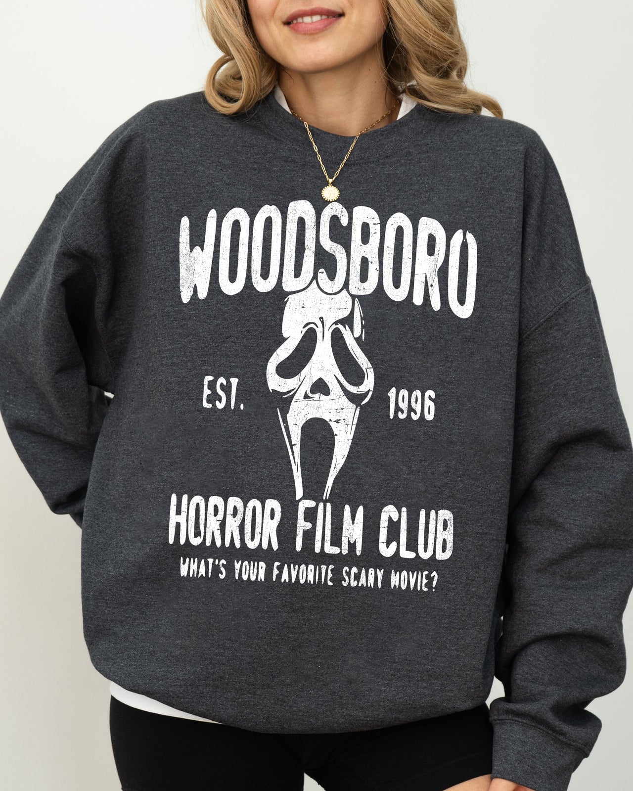 Woodsboro Horror Film Skeleton Skull Halloween Costume Inspired Slasher Scene Sweatshirt
