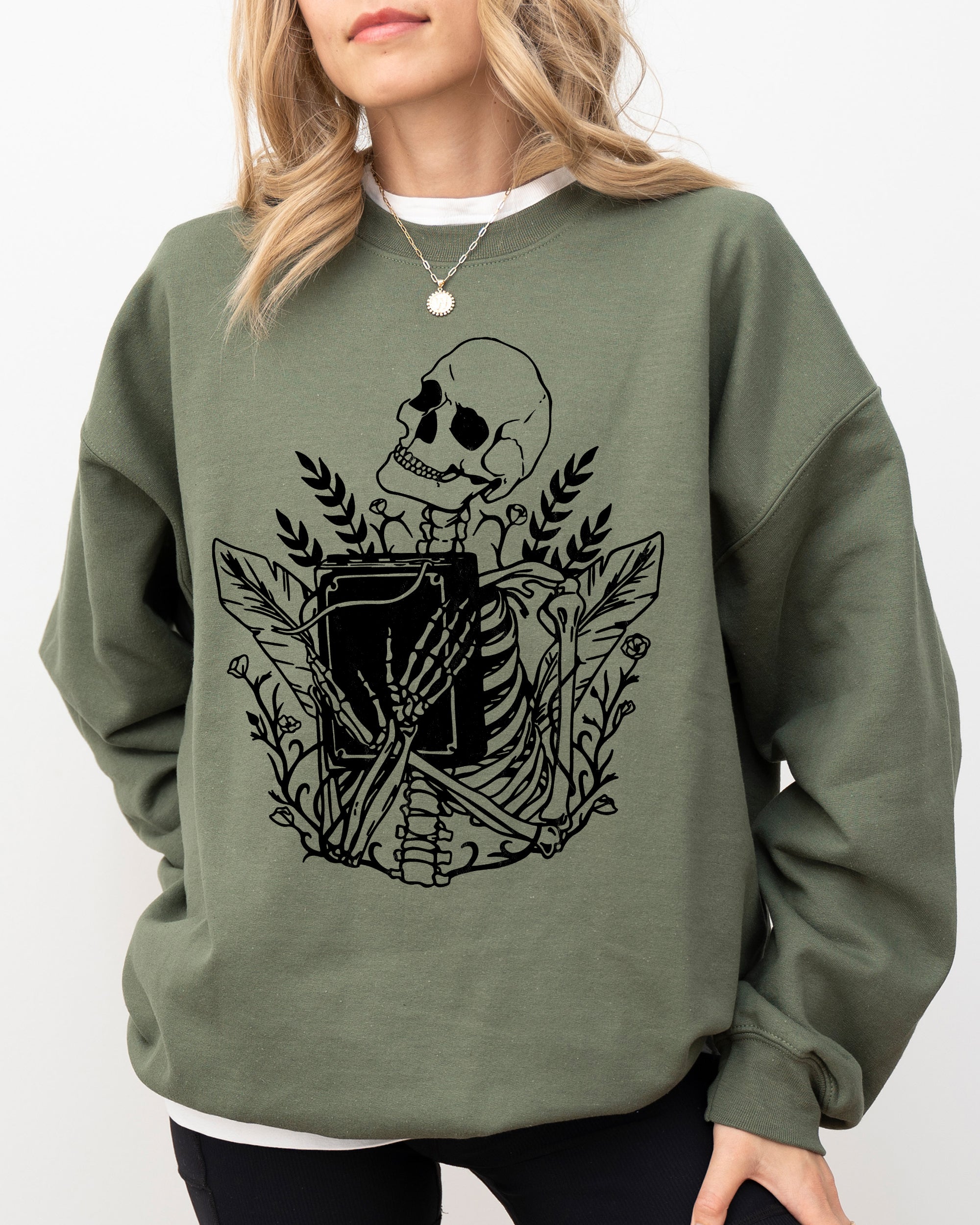 Reading Skeleton Witch Ghost Skull Spooky Meme Halloween Costume Seasonal Sweatshirt