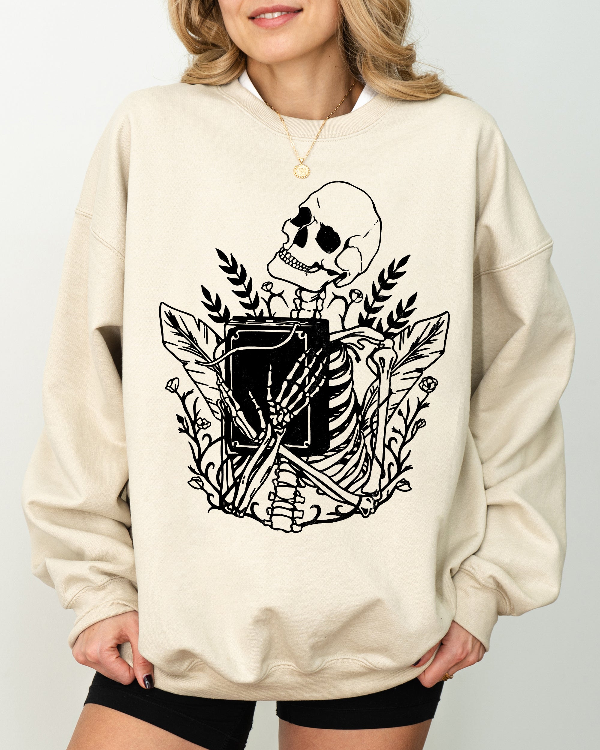 Reading Skeleton Witch Ghost Skull Spooky Meme Halloween Costume Seasonal Sweatshirt