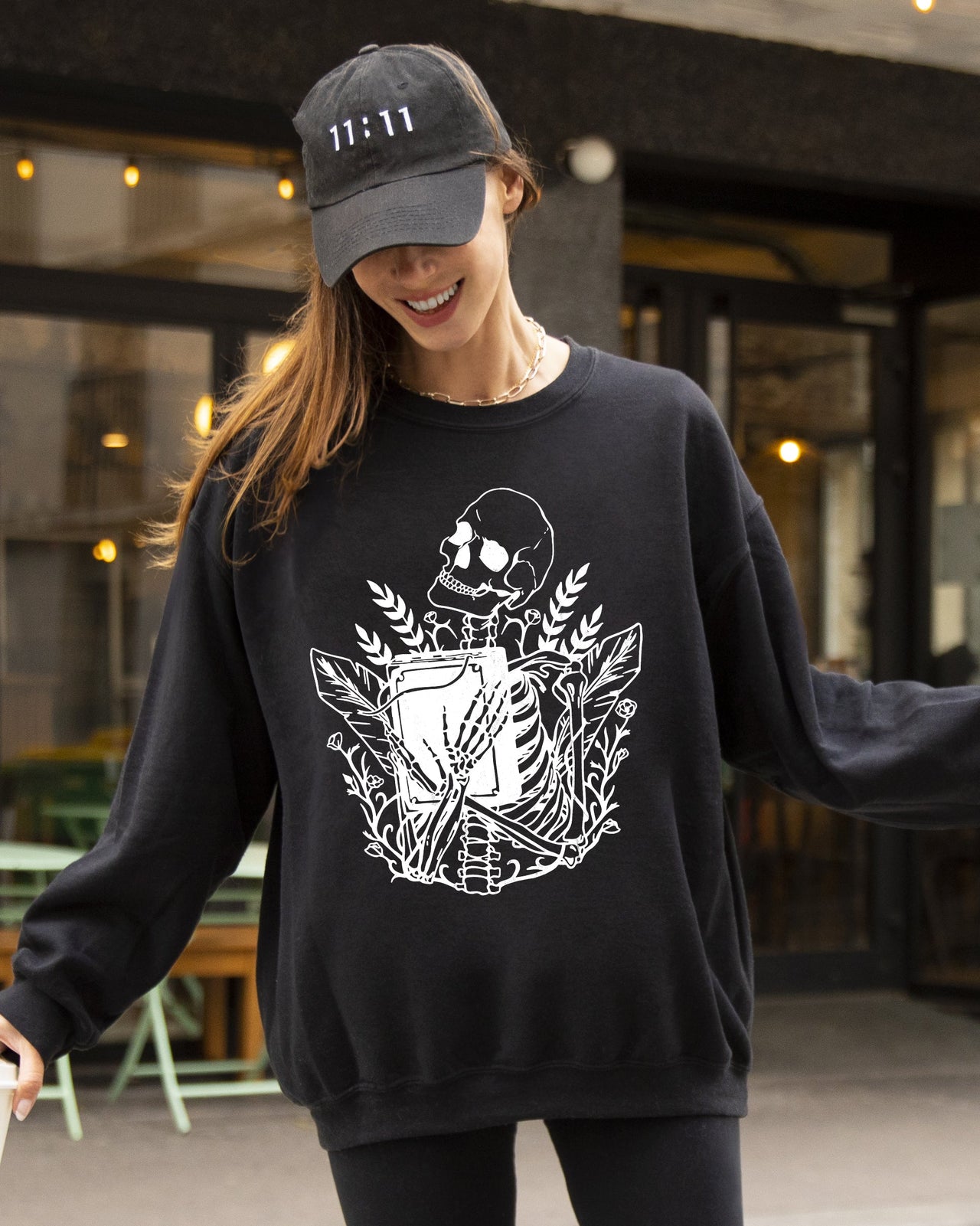 Reading Skeleton Witch Ghost Skull Spooky Meme Halloween Costume Seasonal Sweatshirt