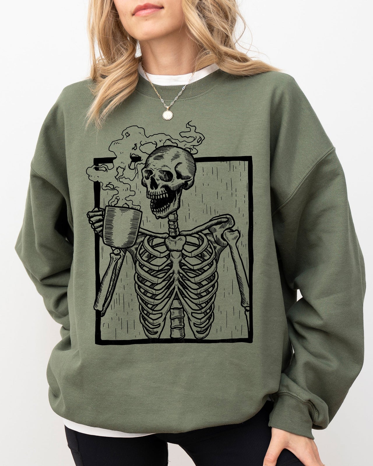Coffee Skeleton Witch Ghost Skull Spooky Aesthetic Meme Halloween Costume Sweatshirt