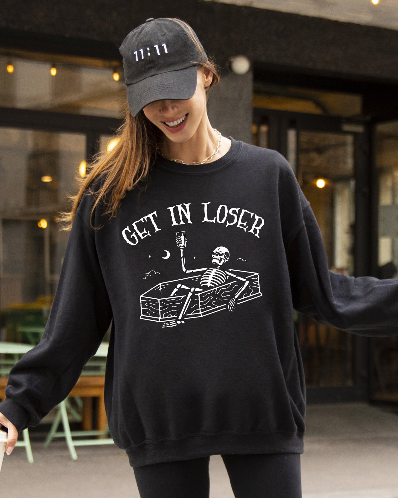 Get In Loser Skeleton Witch Ghost Skull Spooky Aesthetic Meme Halloween Costume Sweatshirt