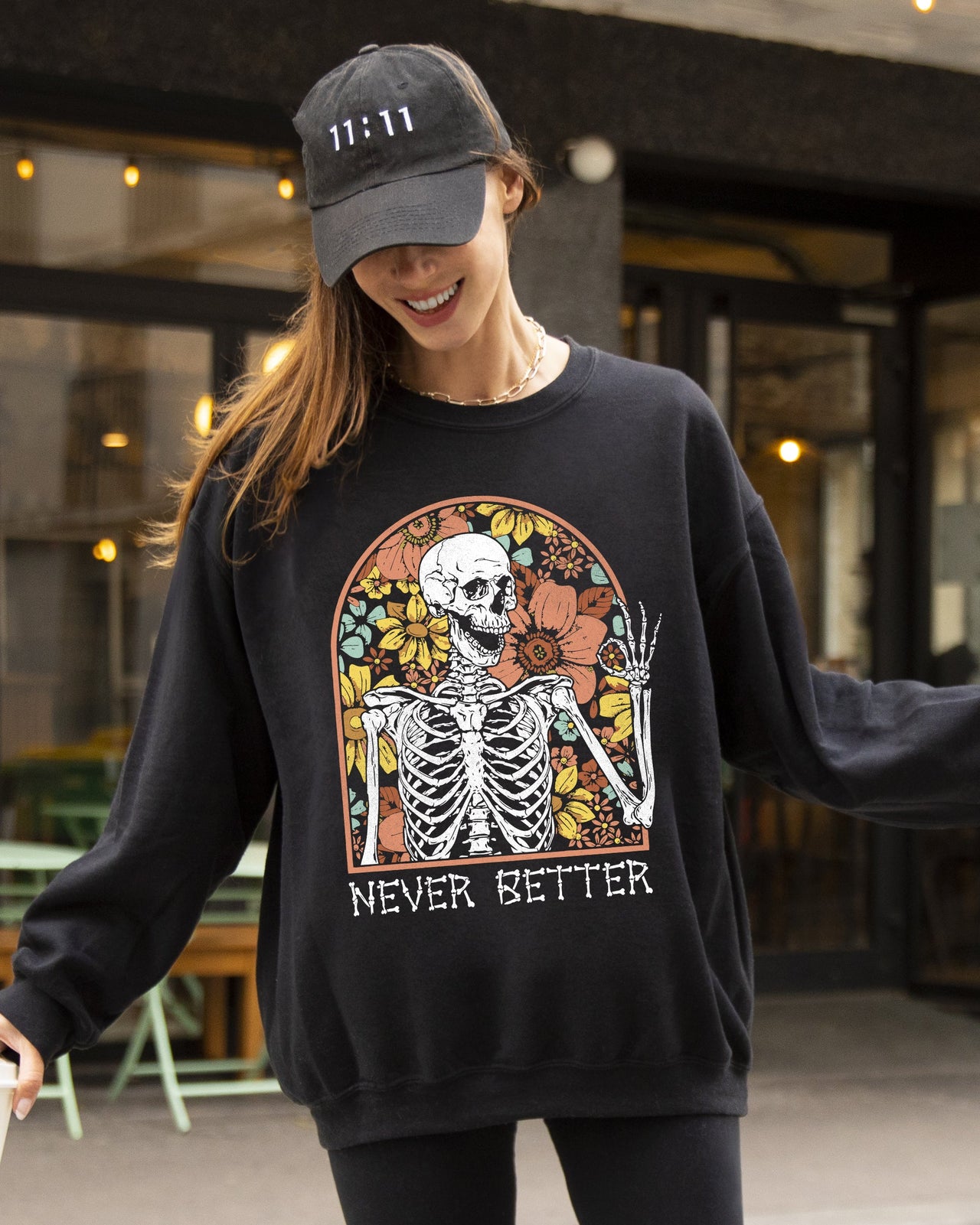 Never Better Floral Skeleton Witch Ghost Skull Spooky Aesthetic Meme Halloween Costume Sweatshirt