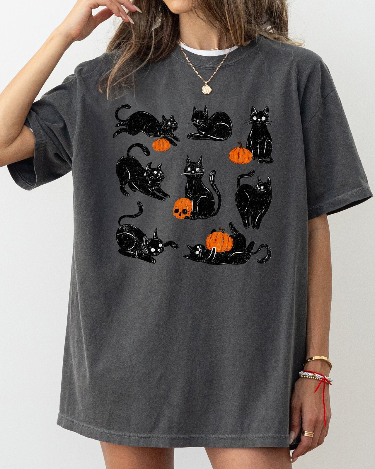 Mini Cats and Pumpkins Skeleton Witch Ghost Skull Spooky Aesthetic Meme Halloween Costume Comfort Colors Tee
