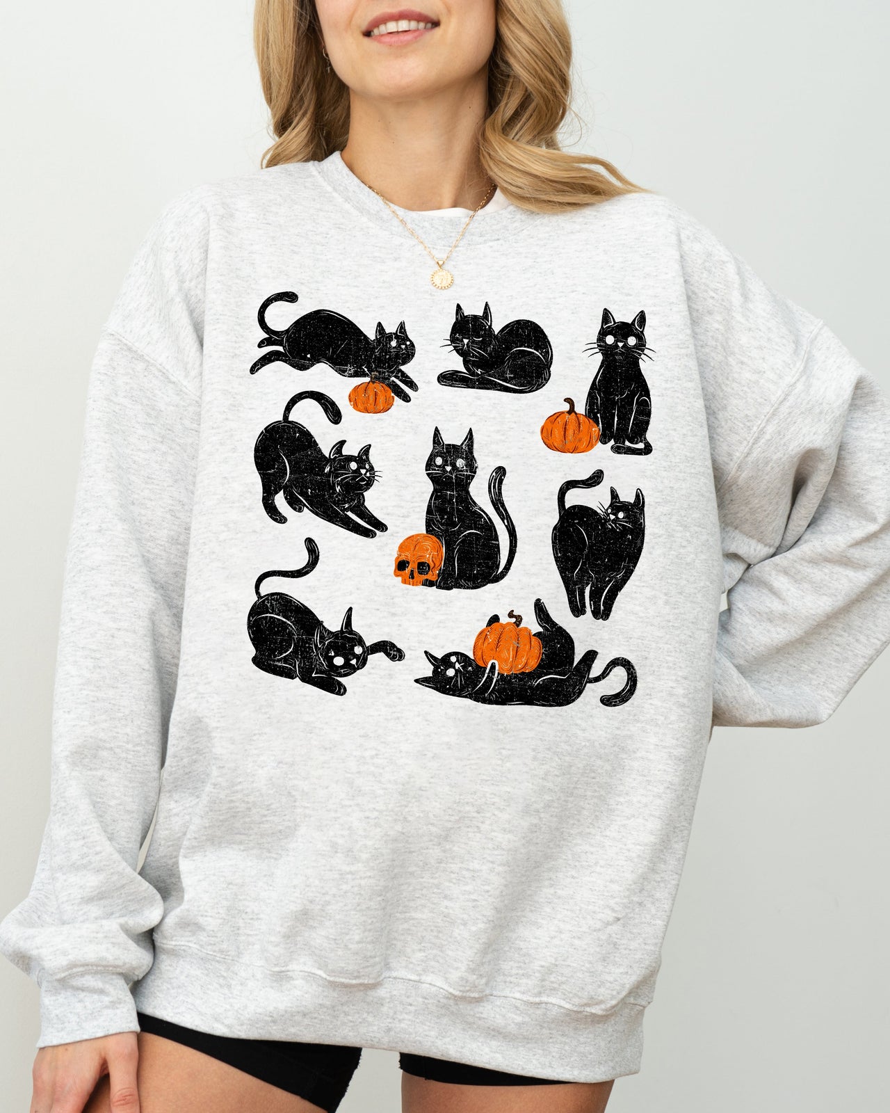 Mini Cats And Pumpkins Skeleton Witch Ghost Skull Spooky Aesthetic Meme Halloween Costume Sweatshirt