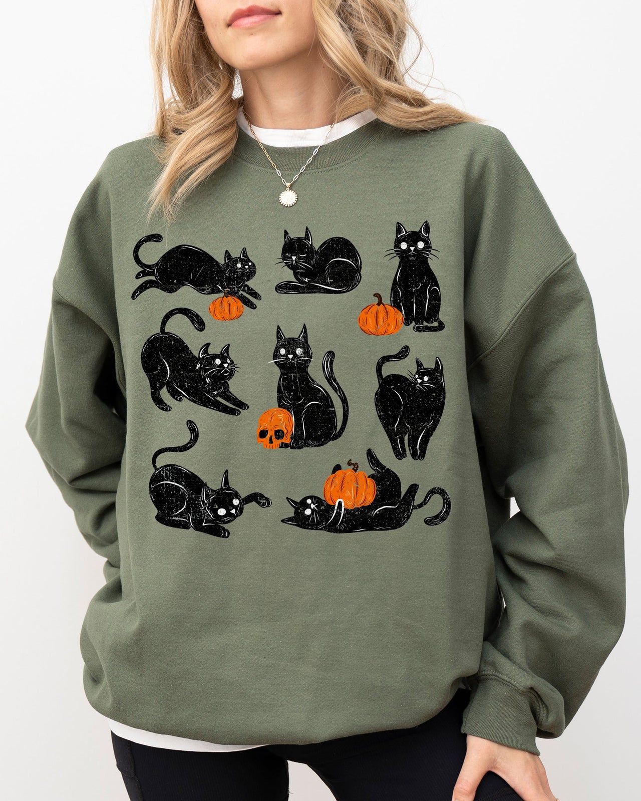 Mini Cats And Pumpkins Skeleton Witch Ghost Skull Spooky Aesthetic Meme Halloween Costume Sweatshirt