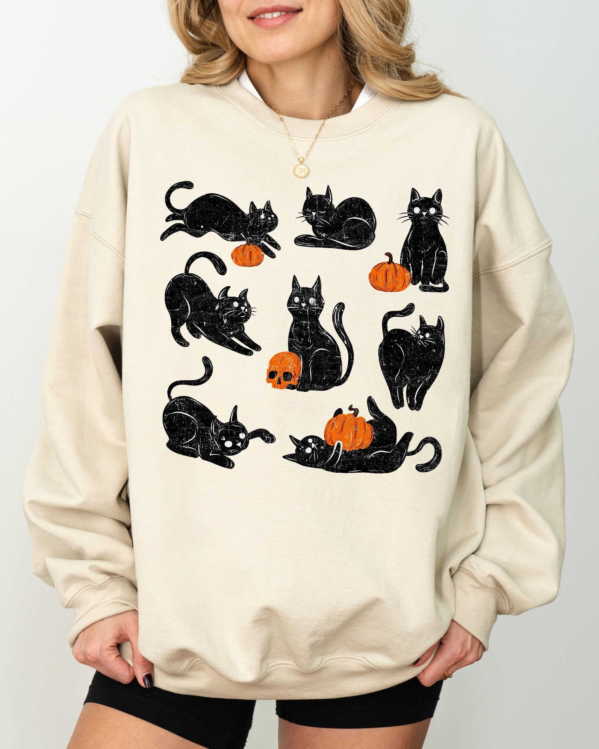 Mini Cats And Pumpkins Skeleton Witch Ghost Skull Spooky Aesthetic Meme Halloween Costume Sweatshirt