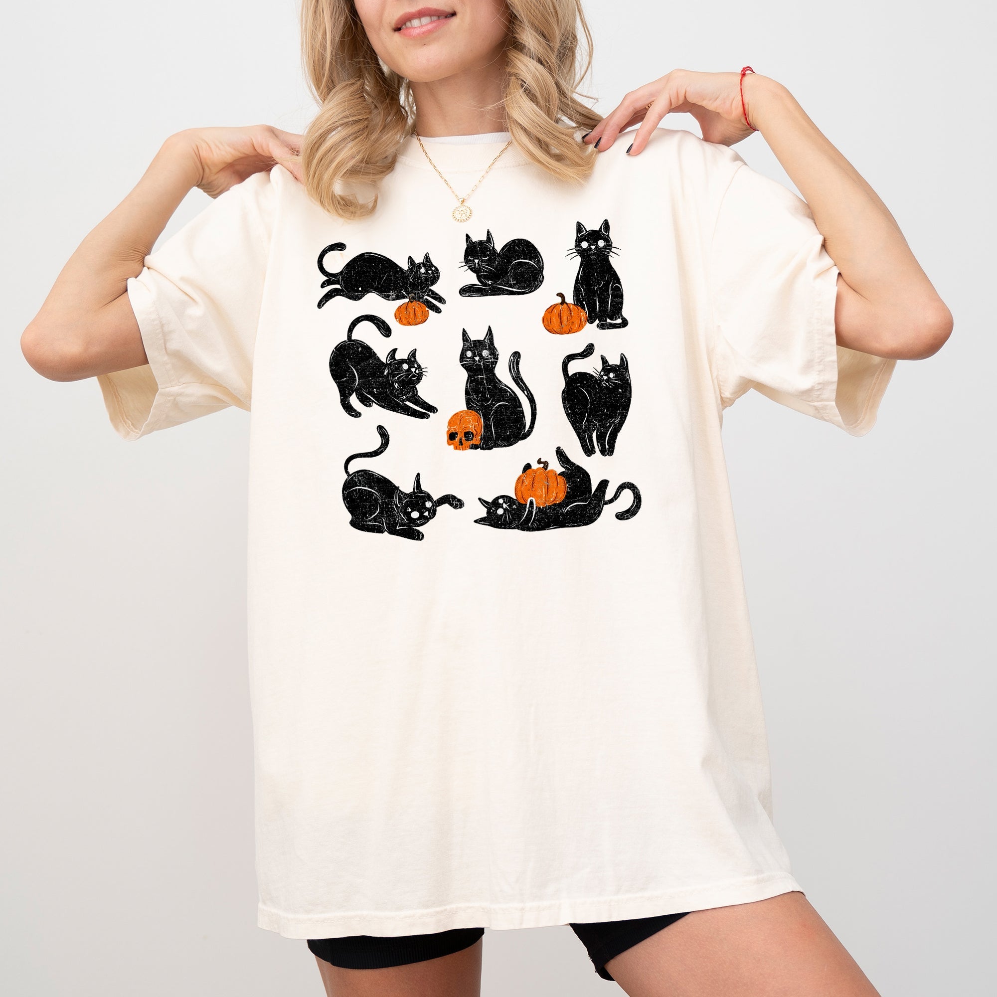 Mini Cats and Pumpkins Skeleton Witch Ghost Skull Spooky Aesthetic Meme Halloween Costume Comfort Colors Tee