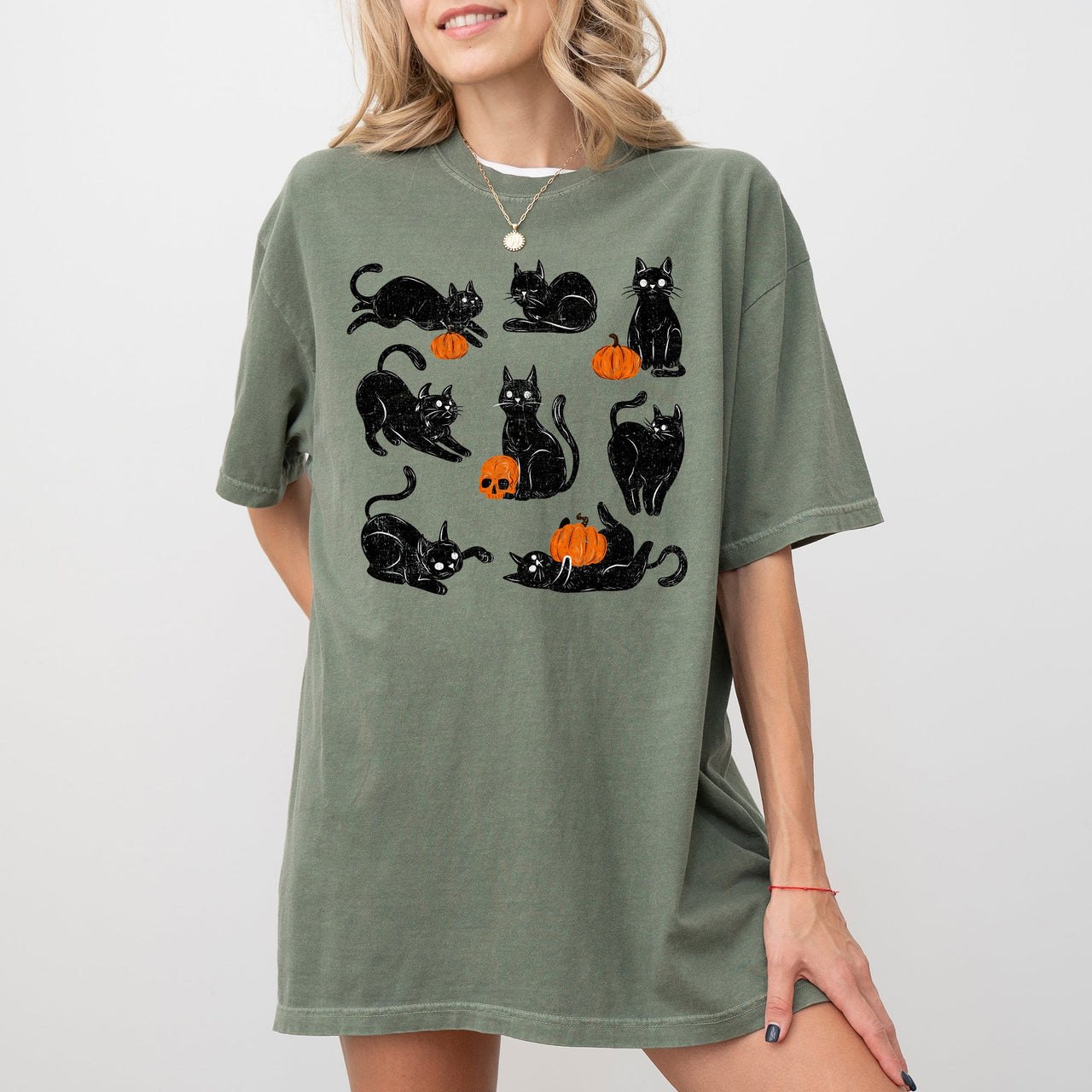 Mini Cats and Pumpkins Skeleton Witch Ghost Skull Spooky Aesthetic Meme Halloween Costume Comfort Colors Tee