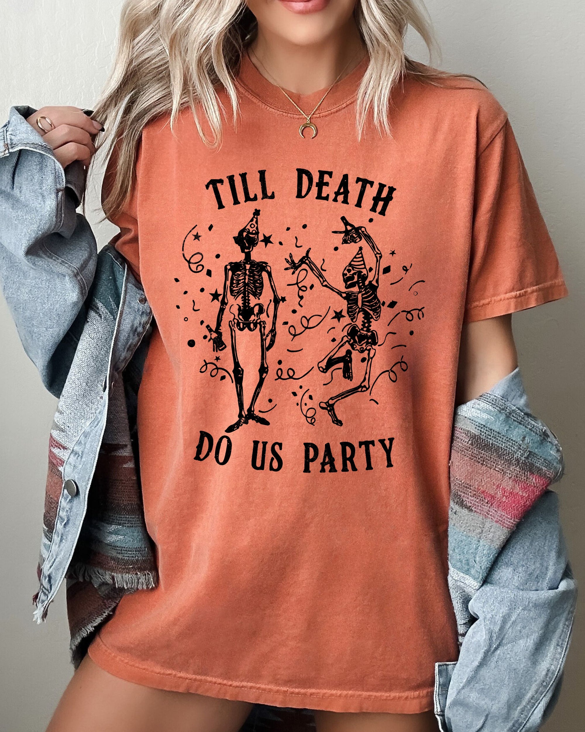 Till Death Do Us Party Dancing Skeletons Witch Skull Halloween Meme Costume Comfort Colors Tee