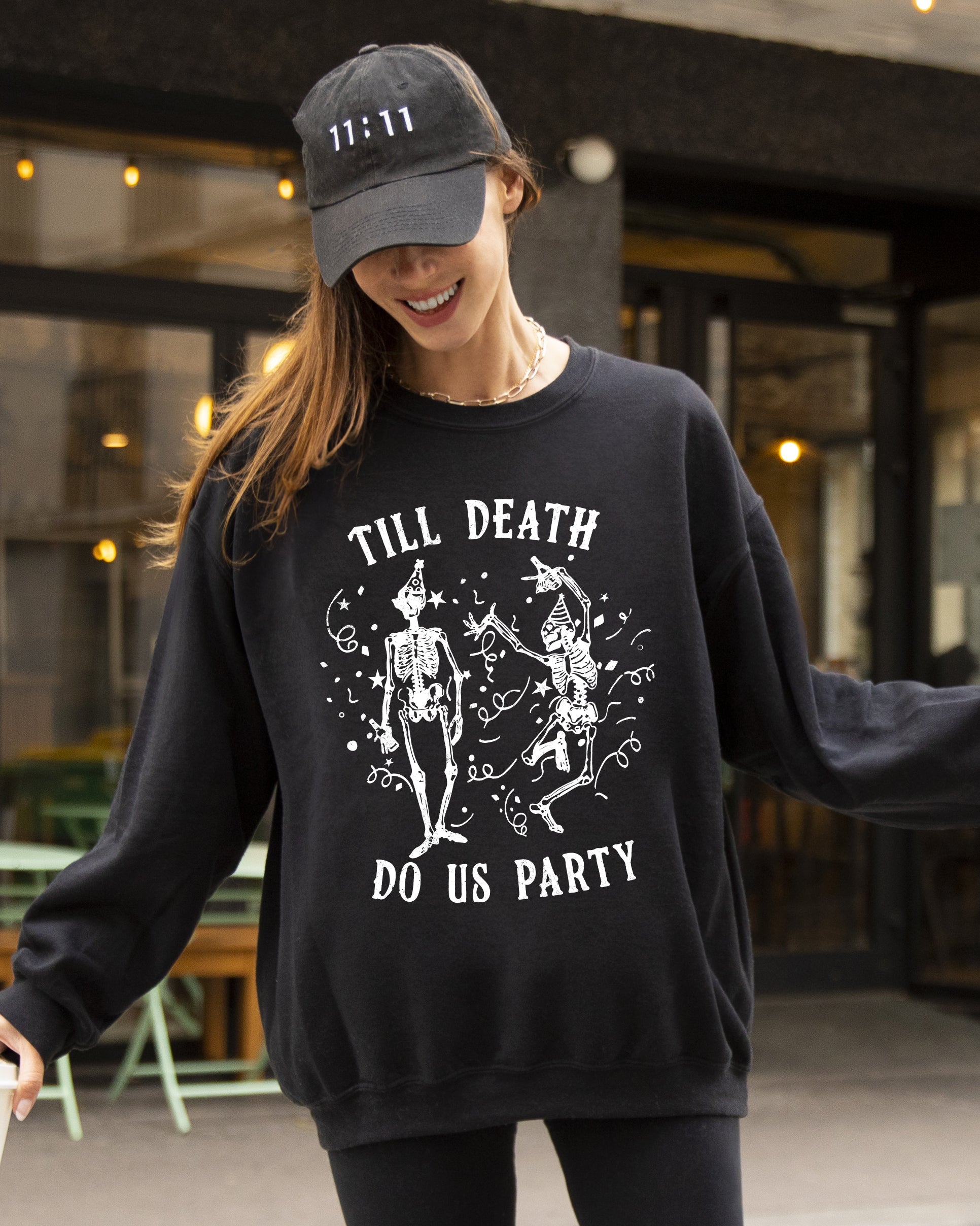 Till Death Do Us Party Dancing Skeletons Witch Skull Meme Halloween Costume Sweatshirt