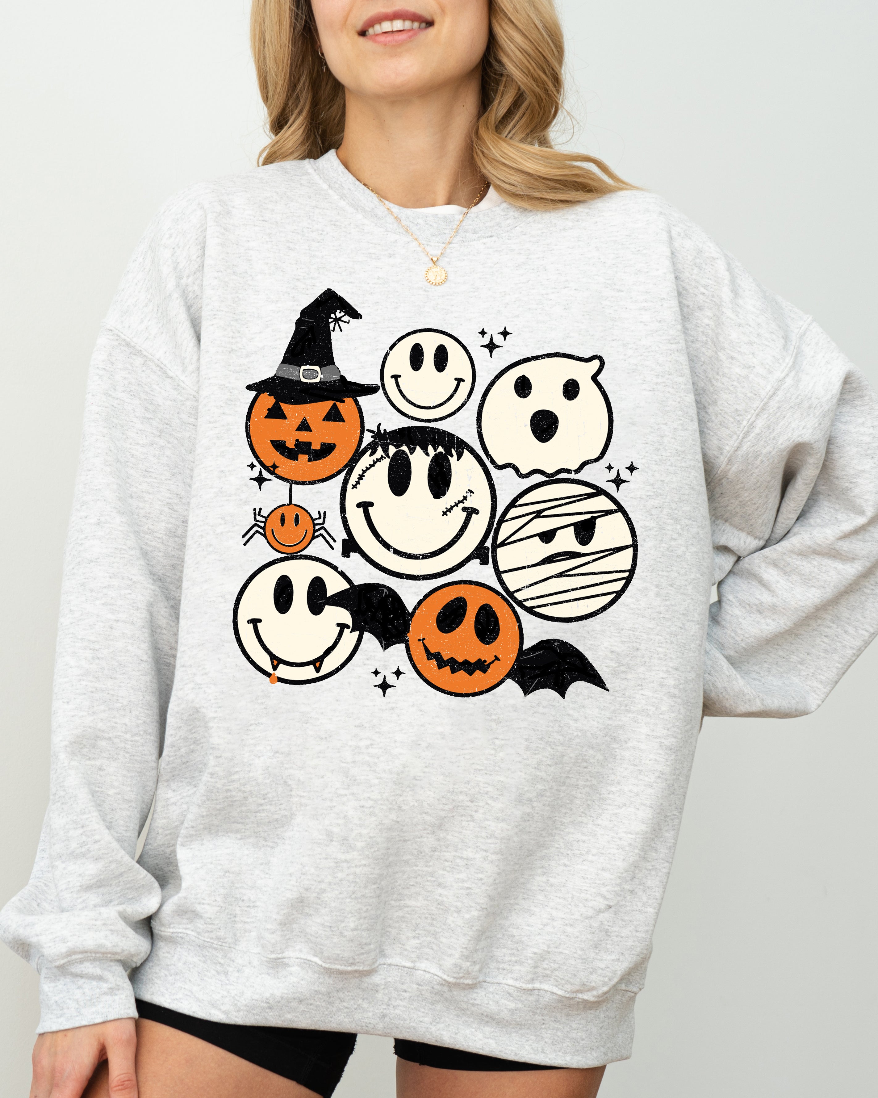 Retro Spooky Faces Skeleton Witch Skull Meme Halloween Costume Graphic Sweatshirt