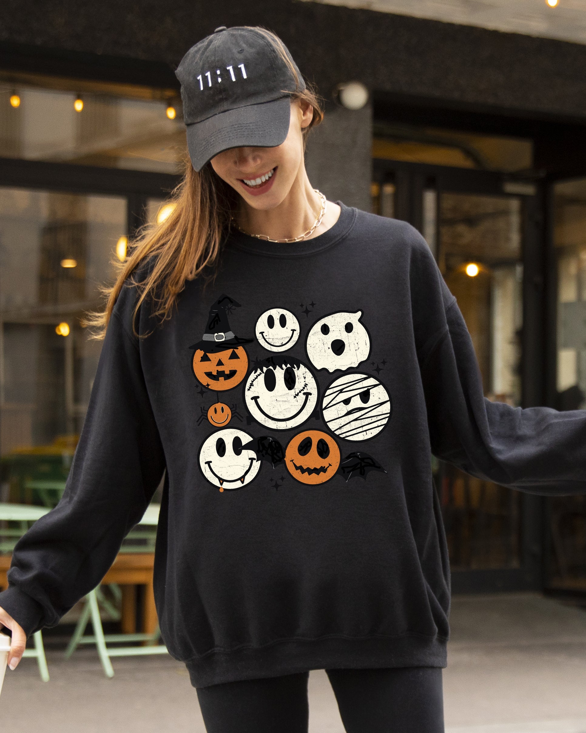 Retro Spooky Faces Skeleton Witch Skull Meme Halloween Costume Graphic Sweatshirt