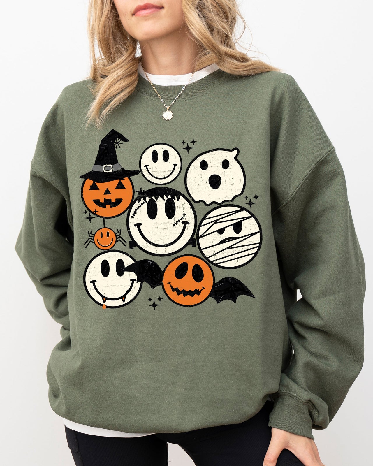Retro Spooky Faces Skeleton Witch Skull Meme Halloween Costume Graphic Sweatshirt