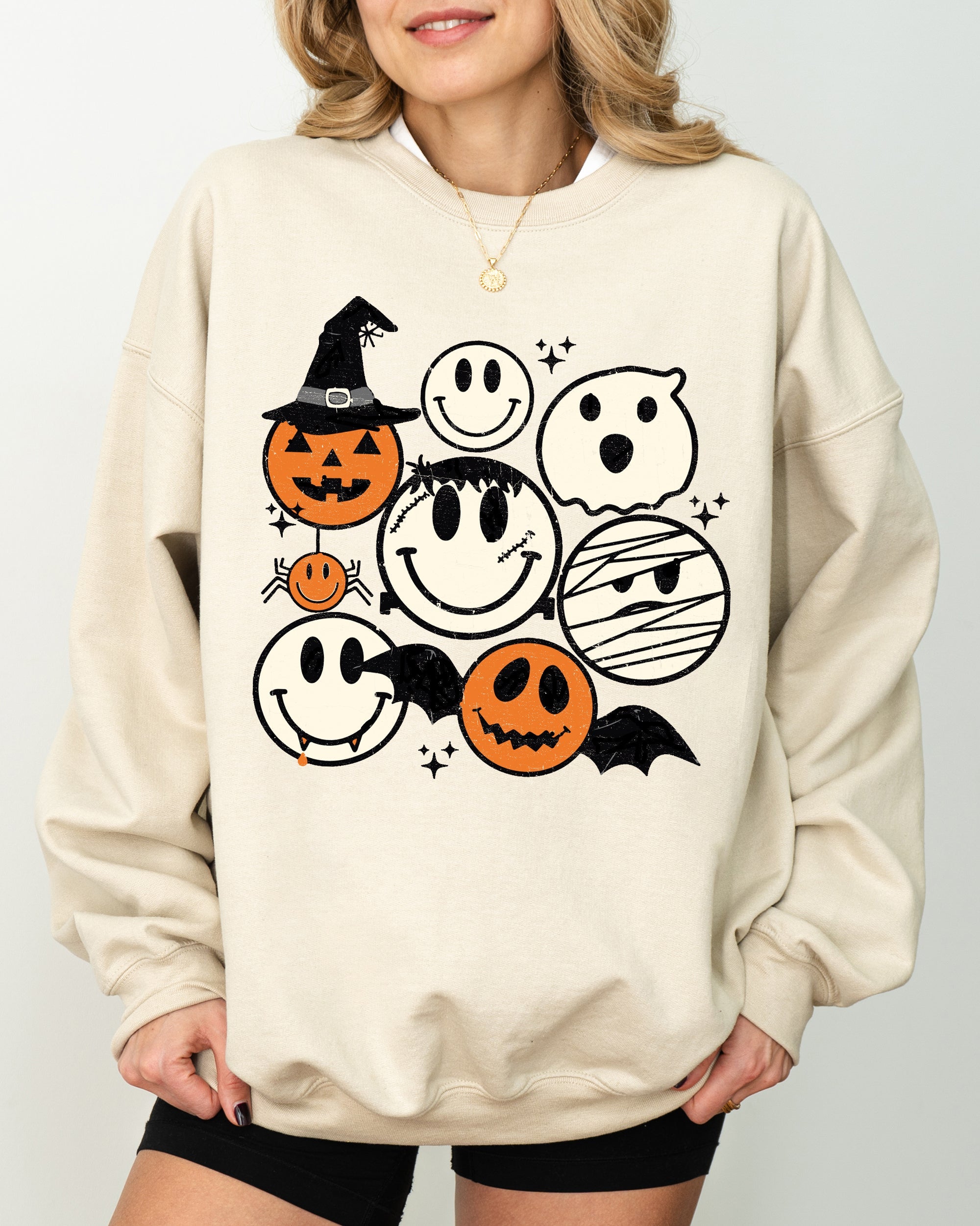 Retro Spooky Faces Skeleton Witch Skull Meme Halloween Costume Graphic Sweatshirt