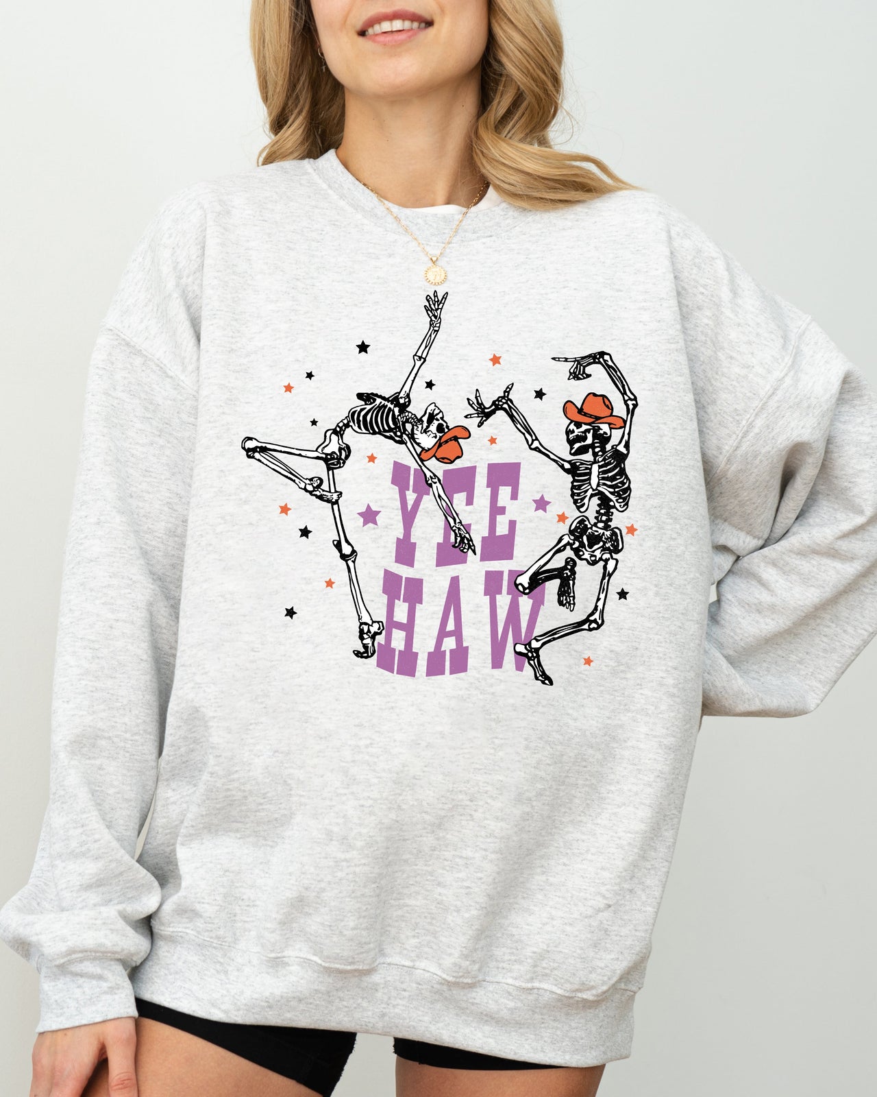 Yee Haw Dancing Skeletons Halloween Western Witch Skull Costume Print Sweatshirt