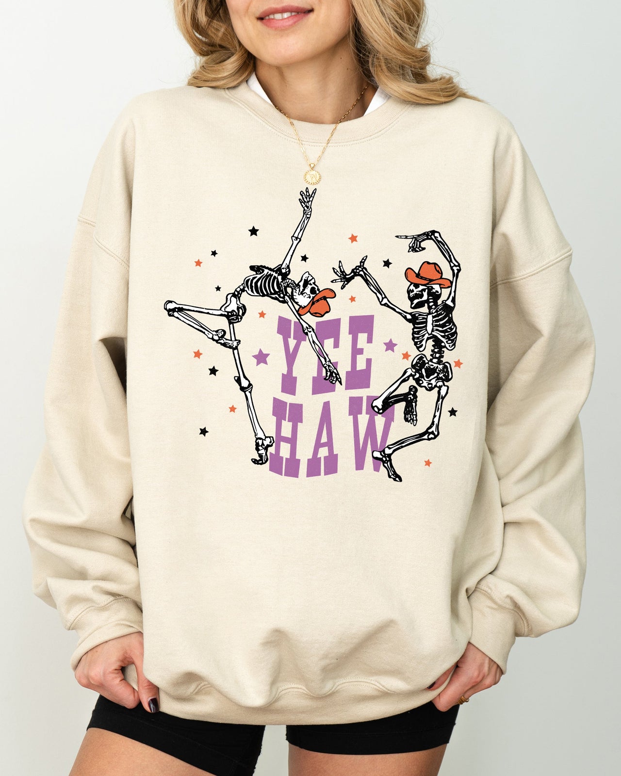 Yee Haw Dancing Skeletons Halloween Western Witch Skull Costume Print Sweatshirt