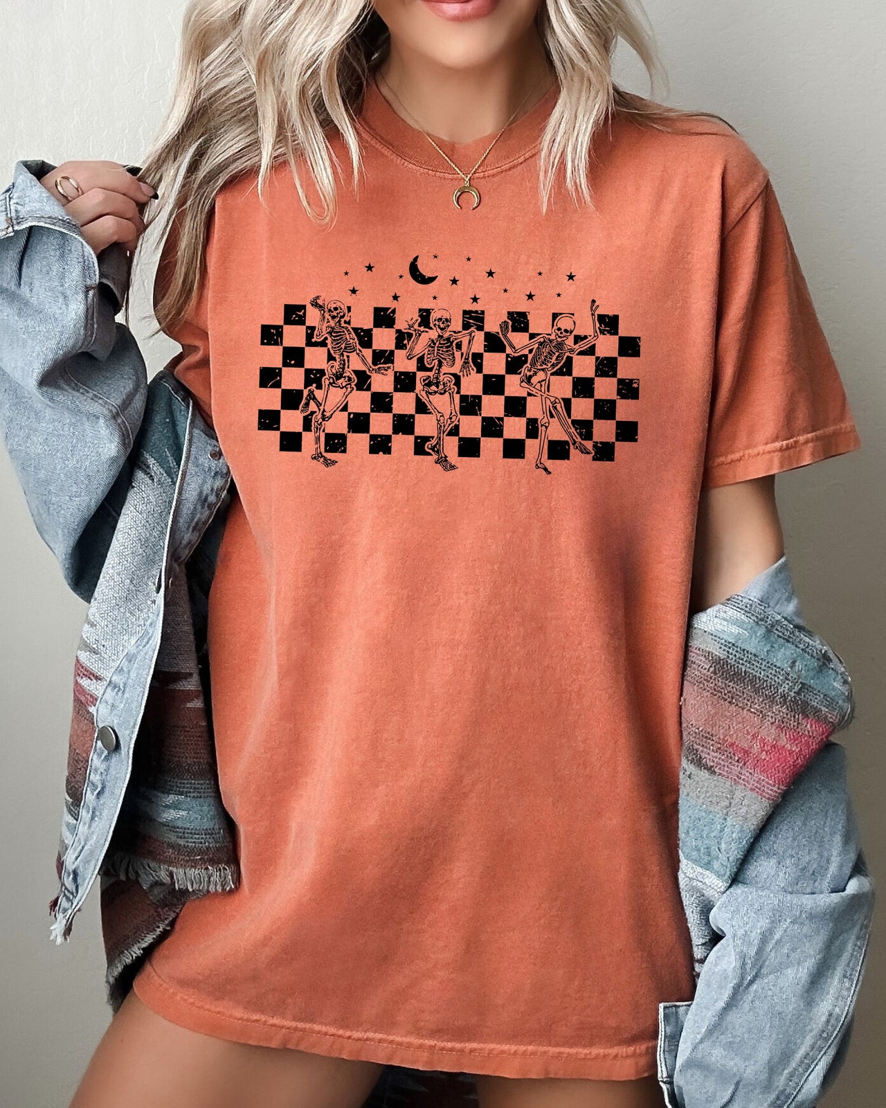 Dancing Skeletons Checkered Ghost Western Witch Skull Aesthetic Meme Halloween Costume Comfort Colors Tee