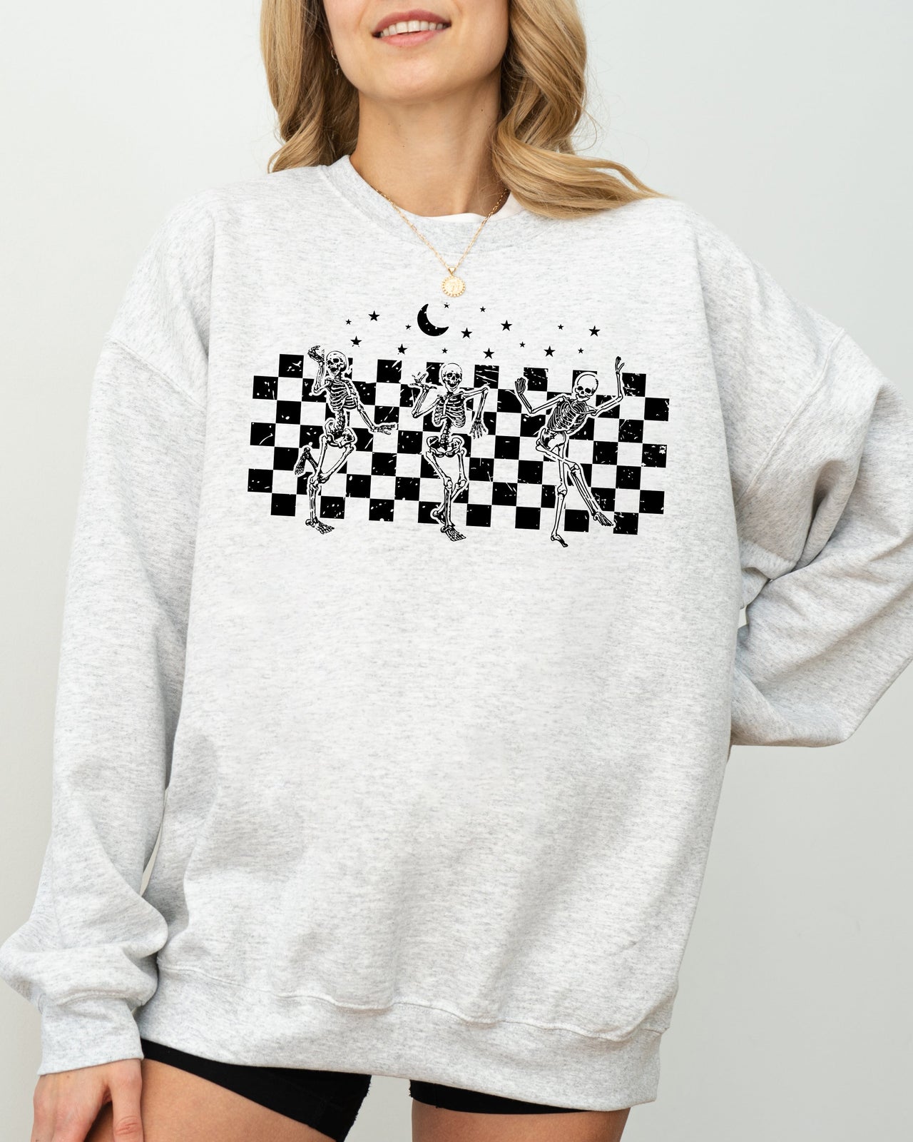 Dancing Skeletons Checkered Ghost Western Witch Skull Halloween Costume Sweatshirt