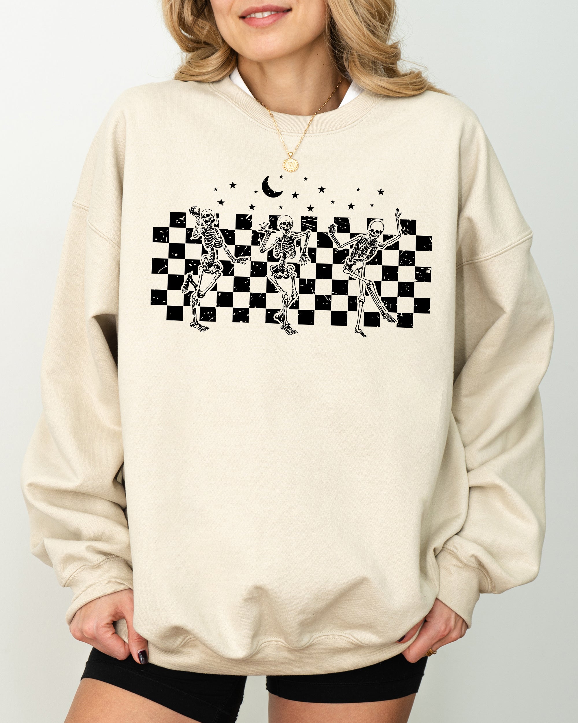 Dancing Skeletons Checkered Ghost Western Witch Skull Halloween Costume Sweatshirt
