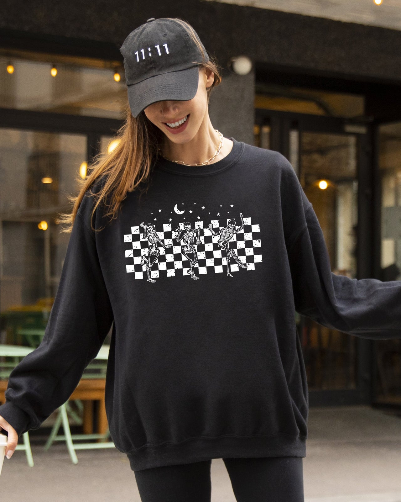 Dancing Skeletons Checkered Ghost Western Witch Skull Halloween Costume Sweatshirt