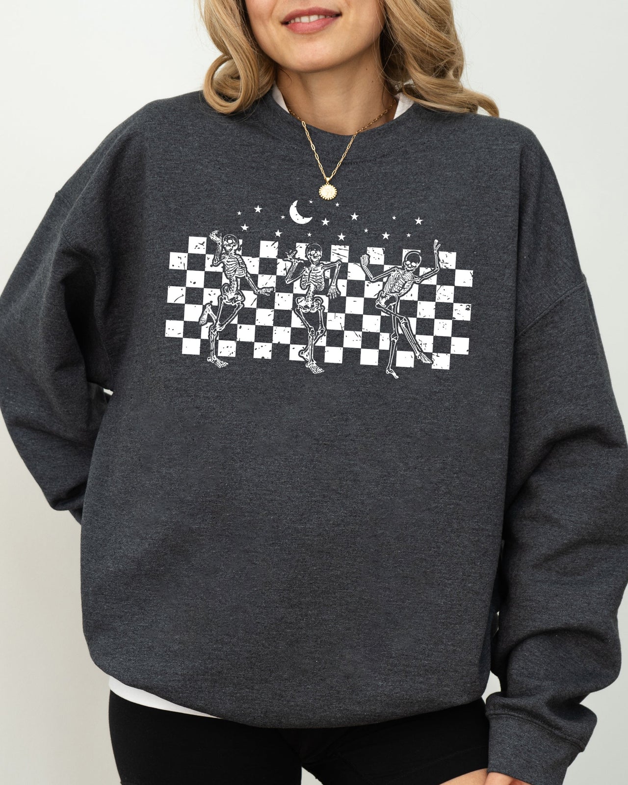 Dancing Skeletons Checkered Ghost Western Witch Skull Halloween Costume Sweatshirt