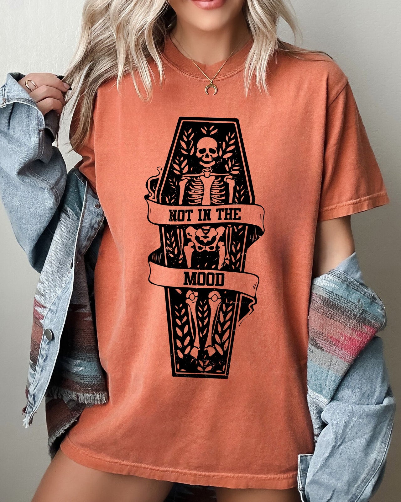 Not In The Mood Coffin Skull Skeleton Ghost Witch Halloween Meme Costume Comfort Colors Tee