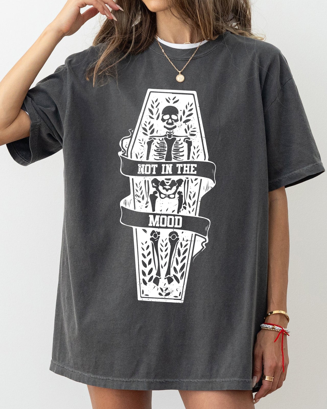 Not In The Mood Coffin Skull Skeleton Ghost Witch Halloween Meme Costume Comfort Colors Tee