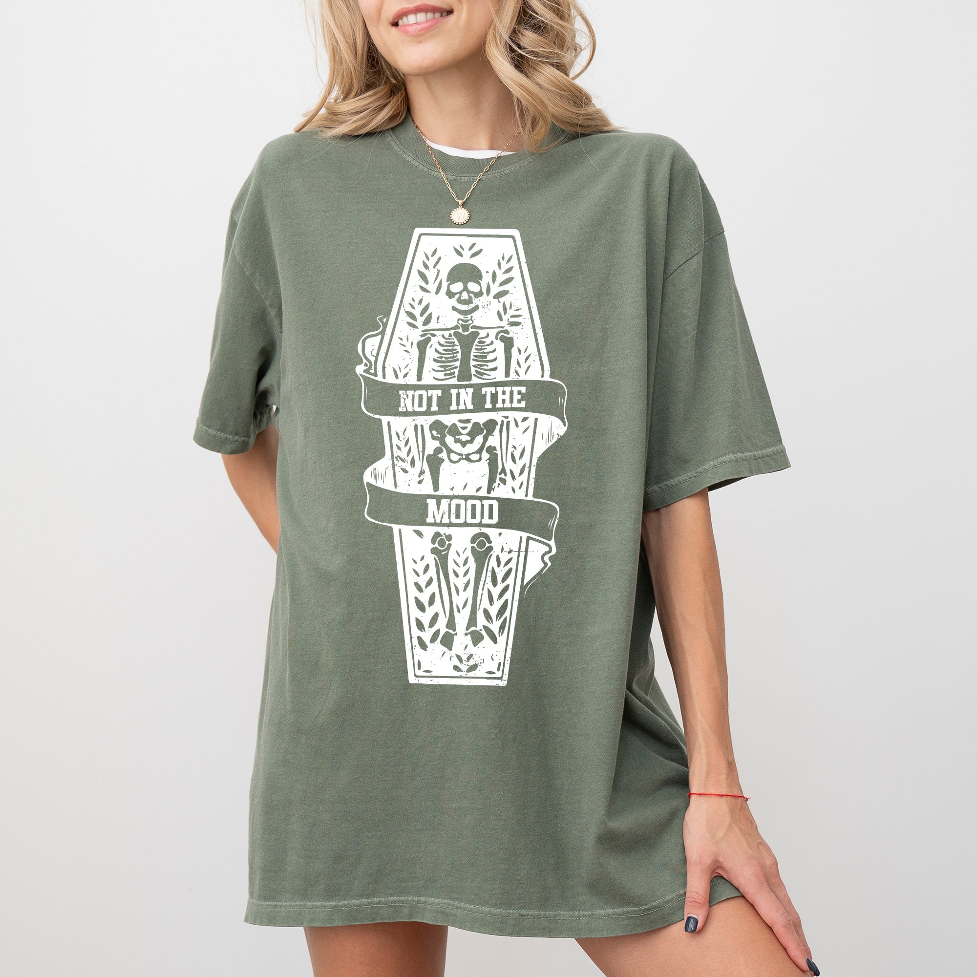 Not In The Mood Coffin Skull Skeleton Ghost Witch Halloween Meme Costume Comfort Colors Tee