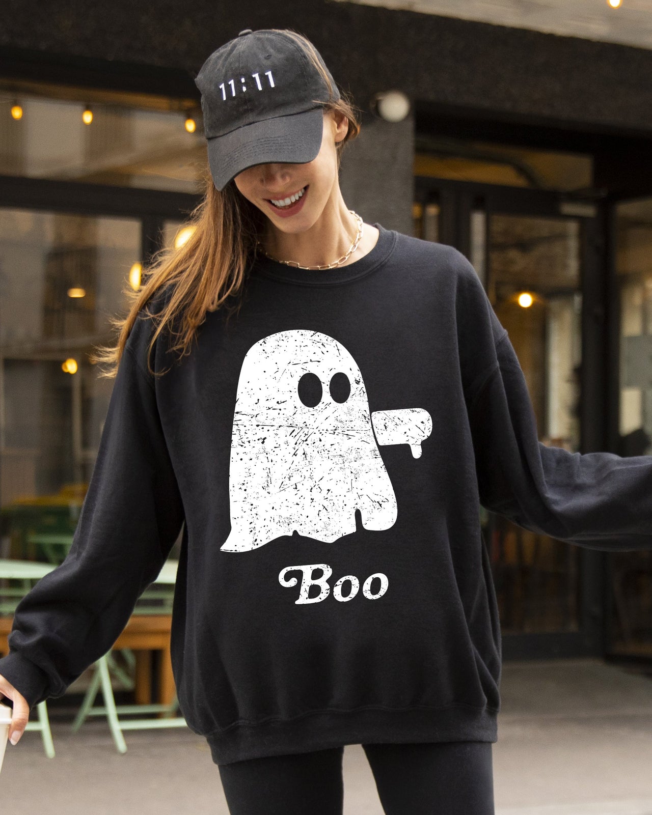 Boo Thumb Ghost Spooky Skeleton Witch Halloween Meme Western Aesthetic Sweatshirt