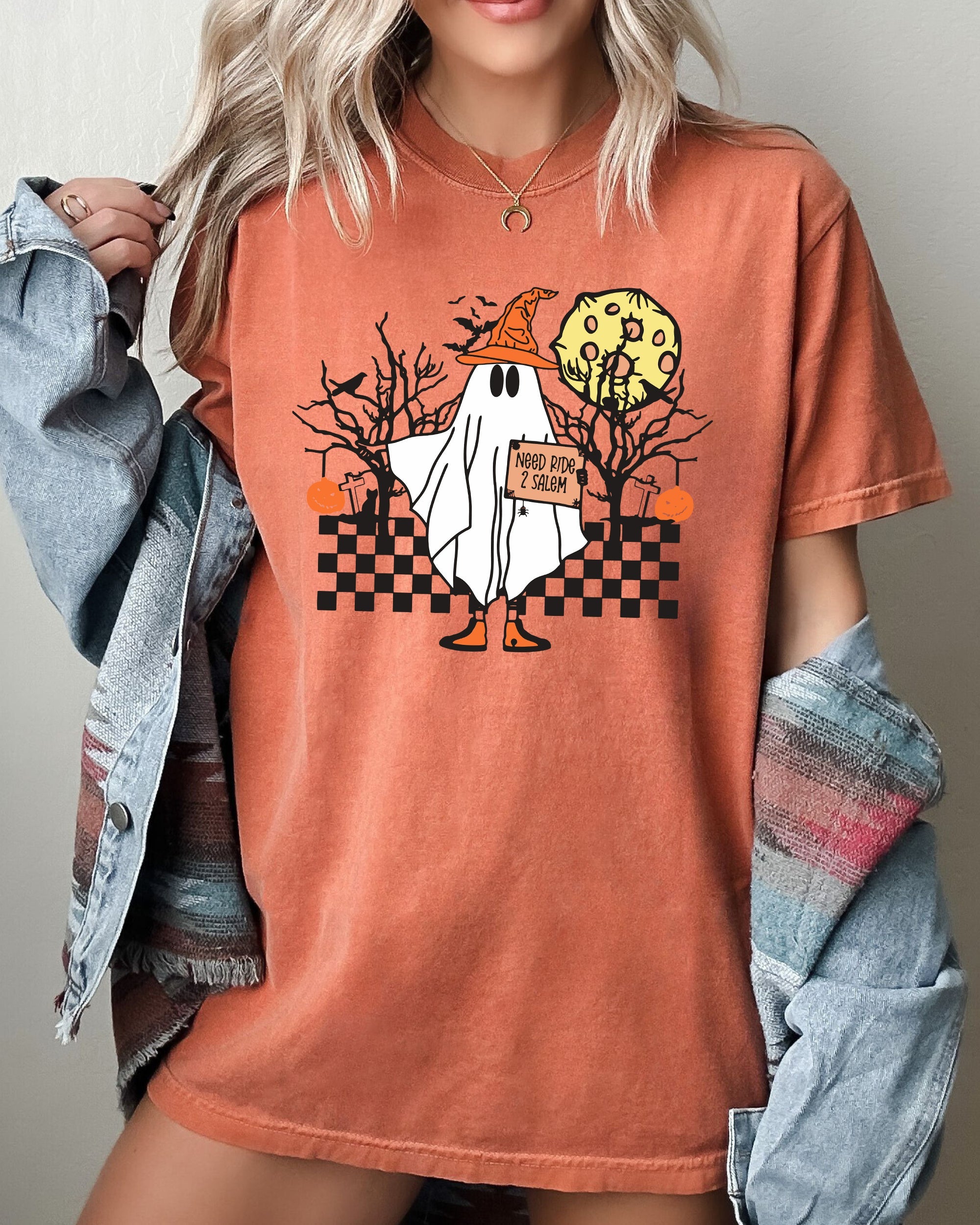 Need Ride To Salem Ghost Spooky Skeleton Witch Halloween Meme Comfort Colors Tee