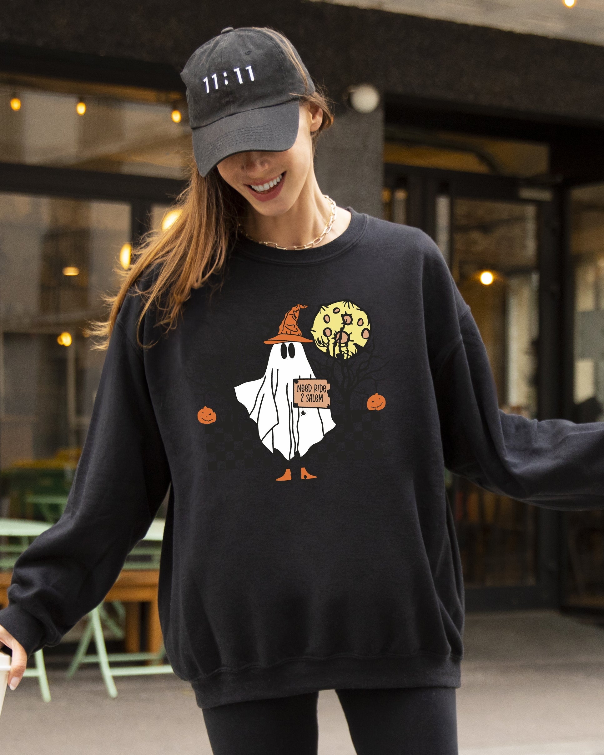 Need Ride To Salem Ghost Spooky Scary Skeleton Skull Western Witch Meme Halloween Costume Sweatshirt