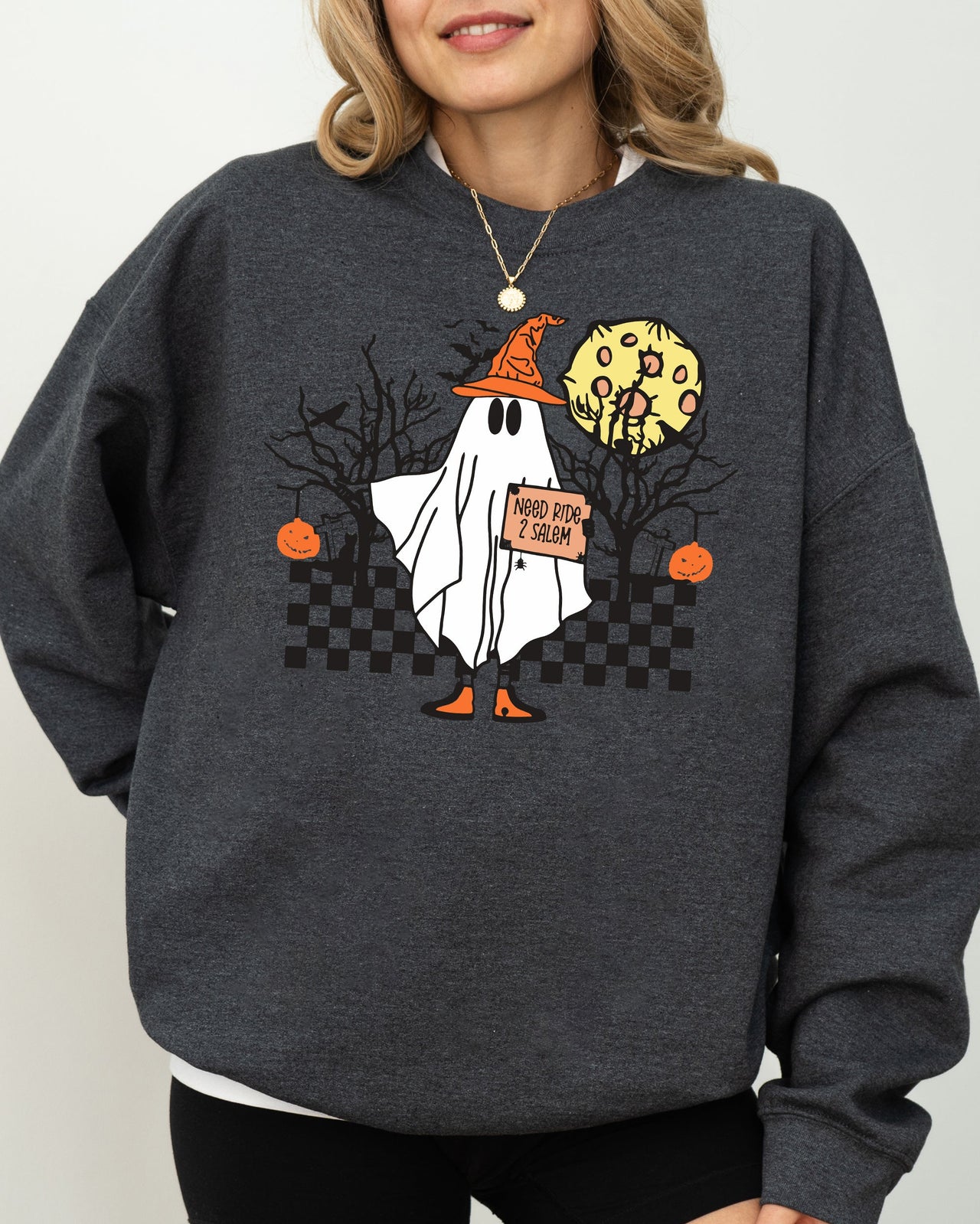Need Ride To Salem Ghost Spooky Scary Skeleton Skull Western Witch Meme Halloween Costume Sweatshirt
